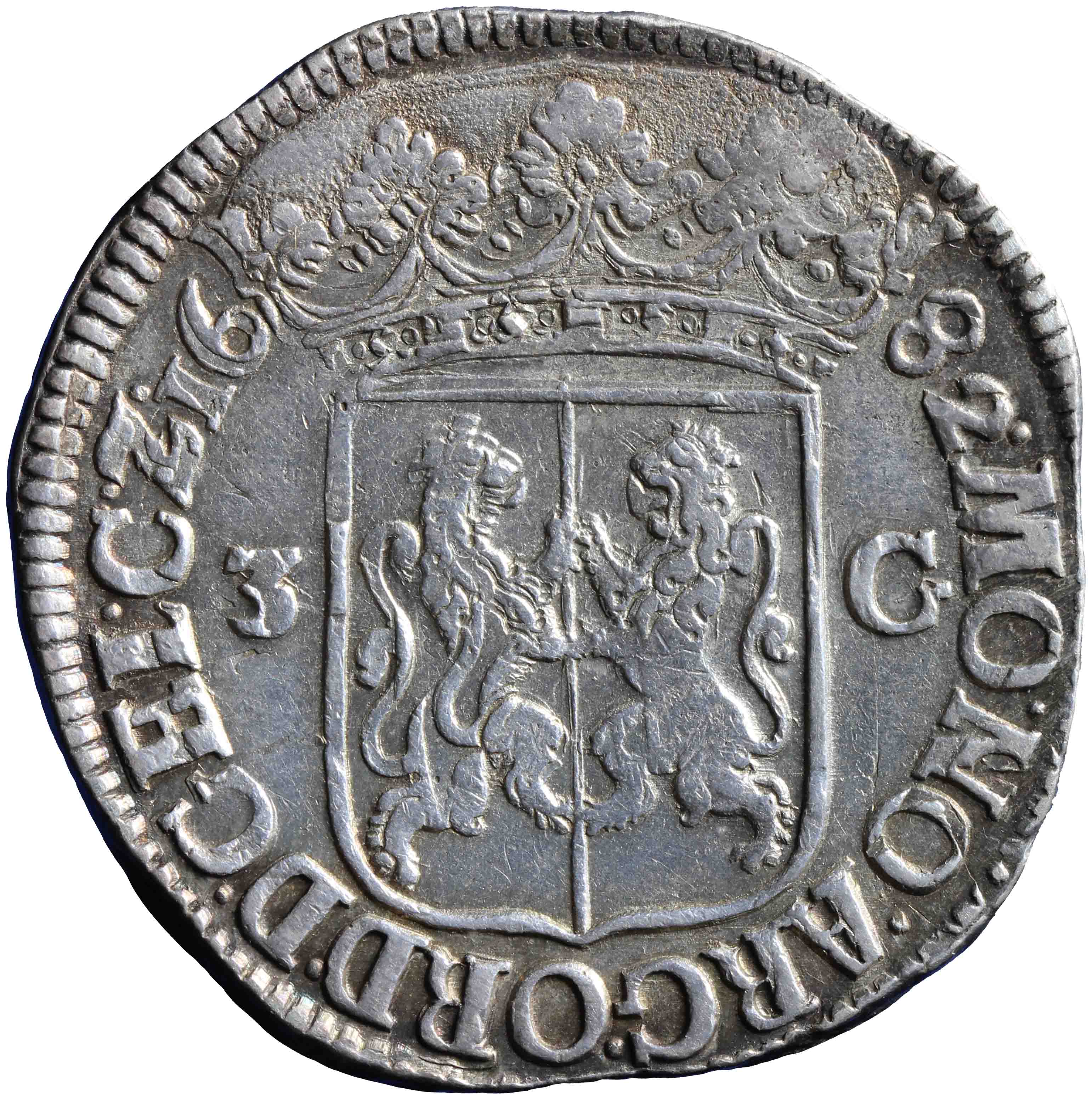 Afbeelding van de keerzijde. provinciale of staten driegulden. Inventarisnummer:NM-01093