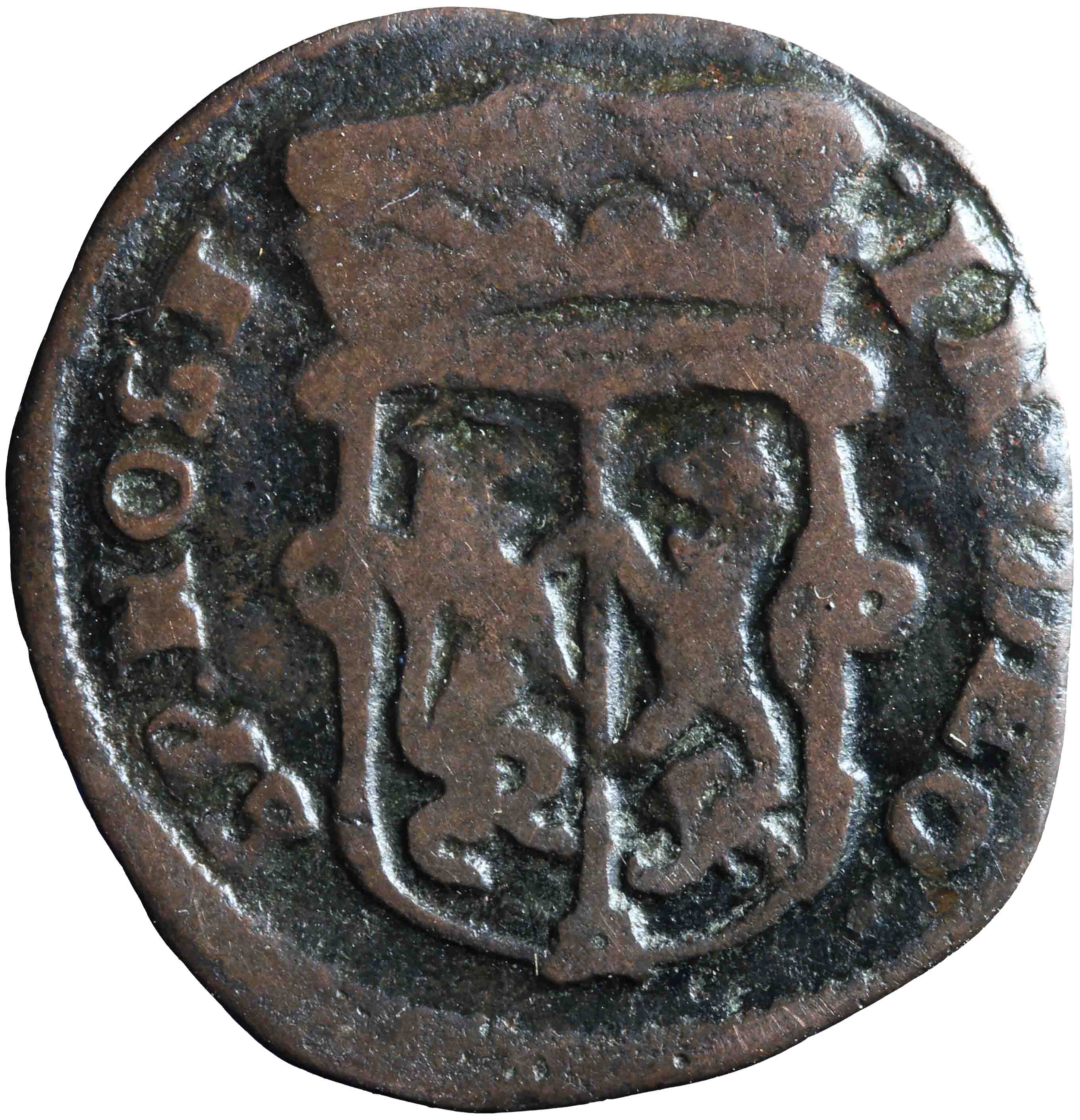 Afbeelding van de voorzijde. duit. Inventarisnummer:NM-01096