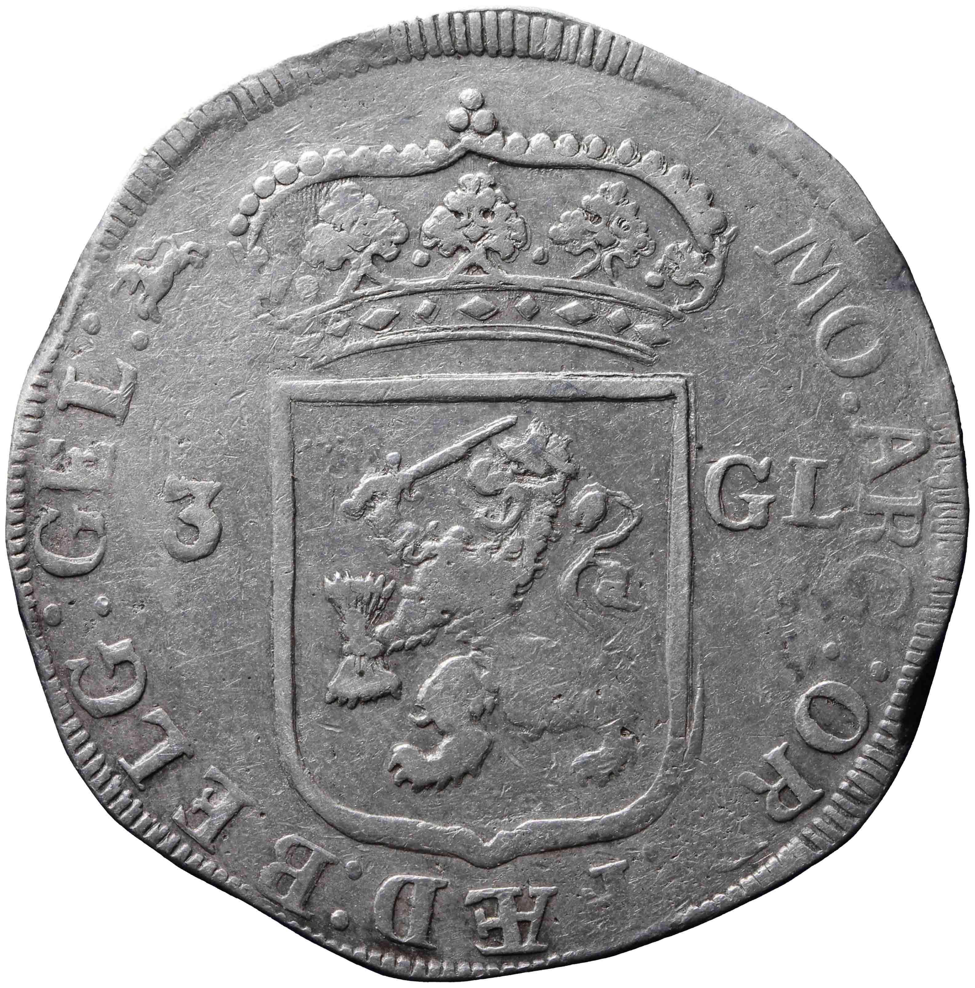 Afbeelding van de keerzijde. provinciale of staten driegulden. Inventarisnummer:NM-01113