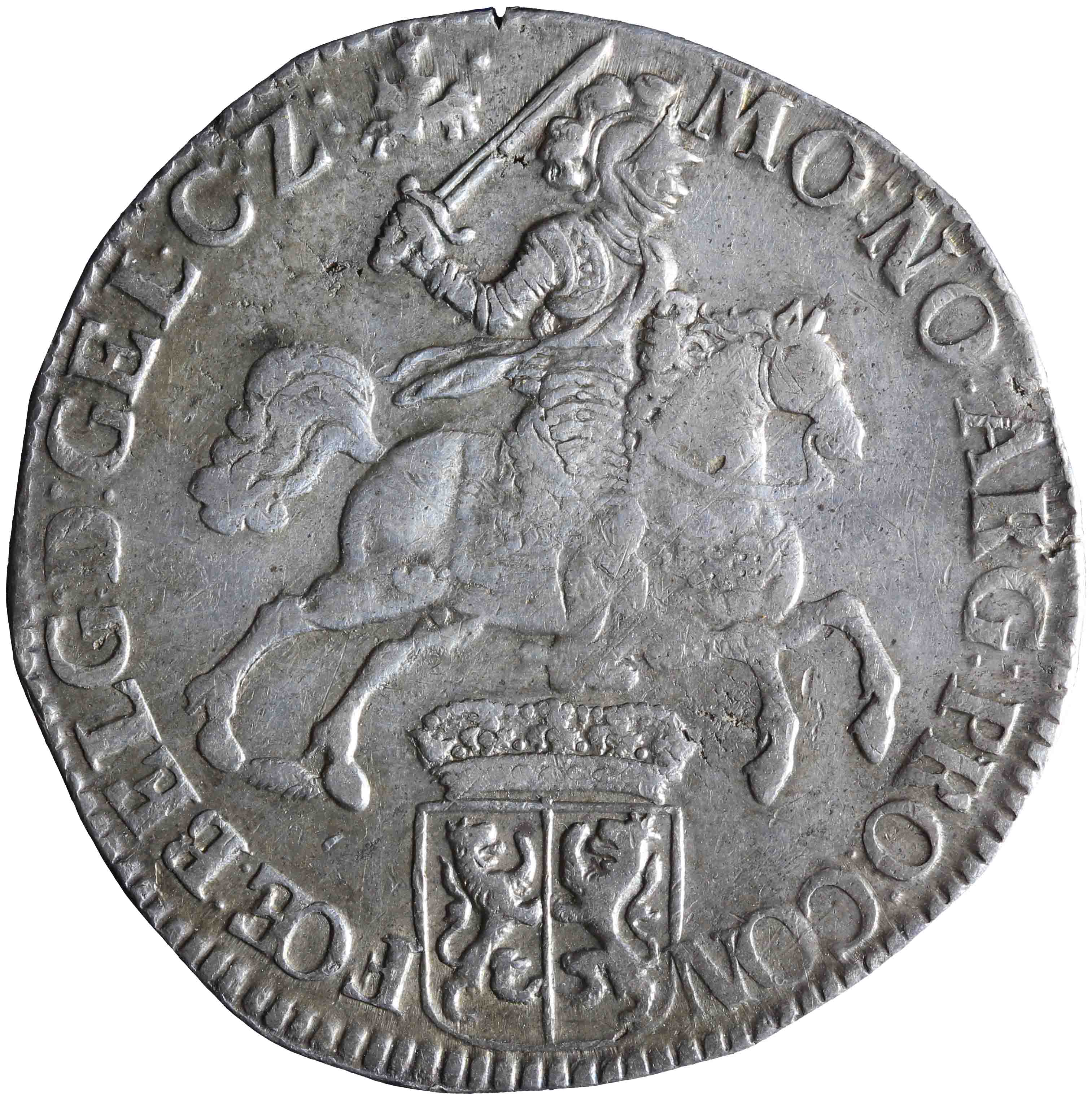 Afbeelding van de voorzijde. zilveren rijder of dukaton. Inventarisnummer:NM-01164