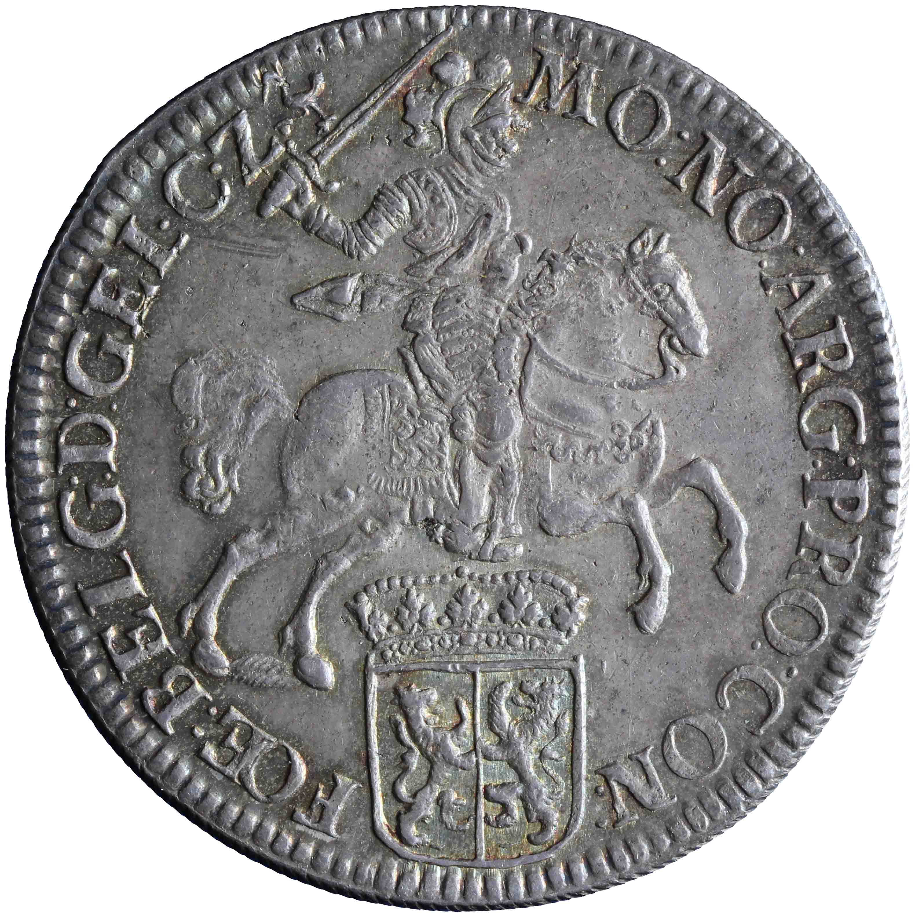 Afbeelding van de voorzijde. zilveren rijder of dukaton. Inventarisnummer:NM-01177
