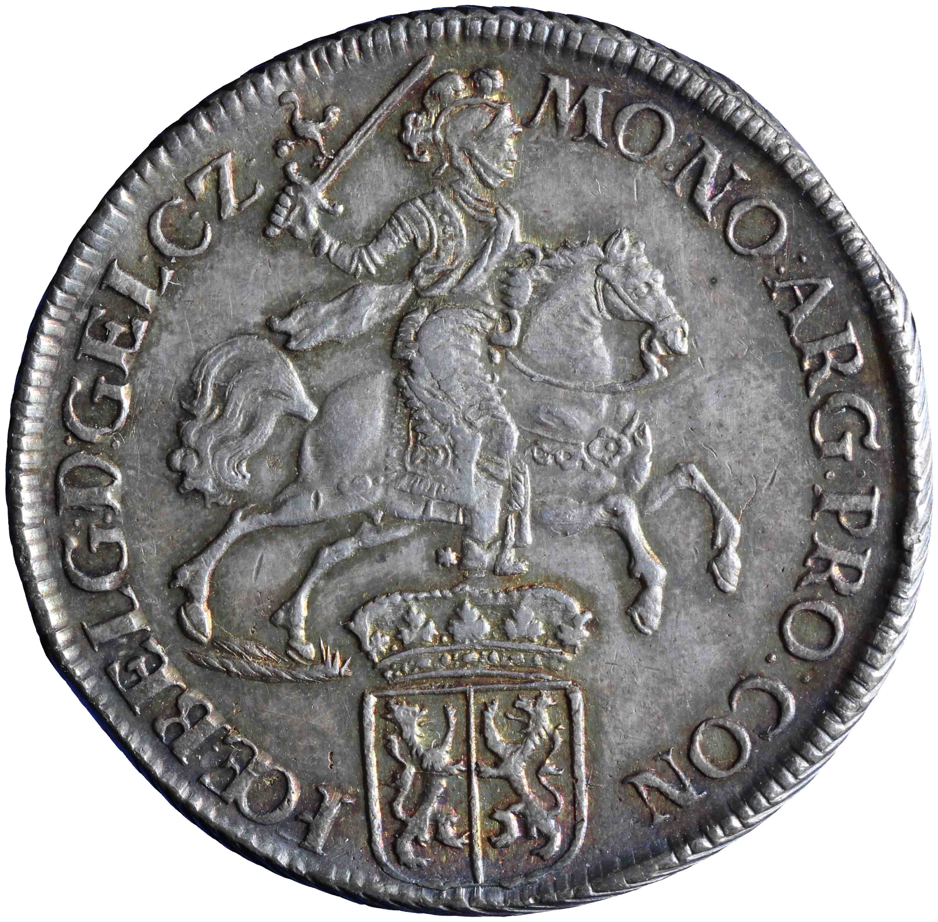 Afbeelding van de voorzijde. zilveren rijder of dukaton. Inventarisnummer:NM-01188