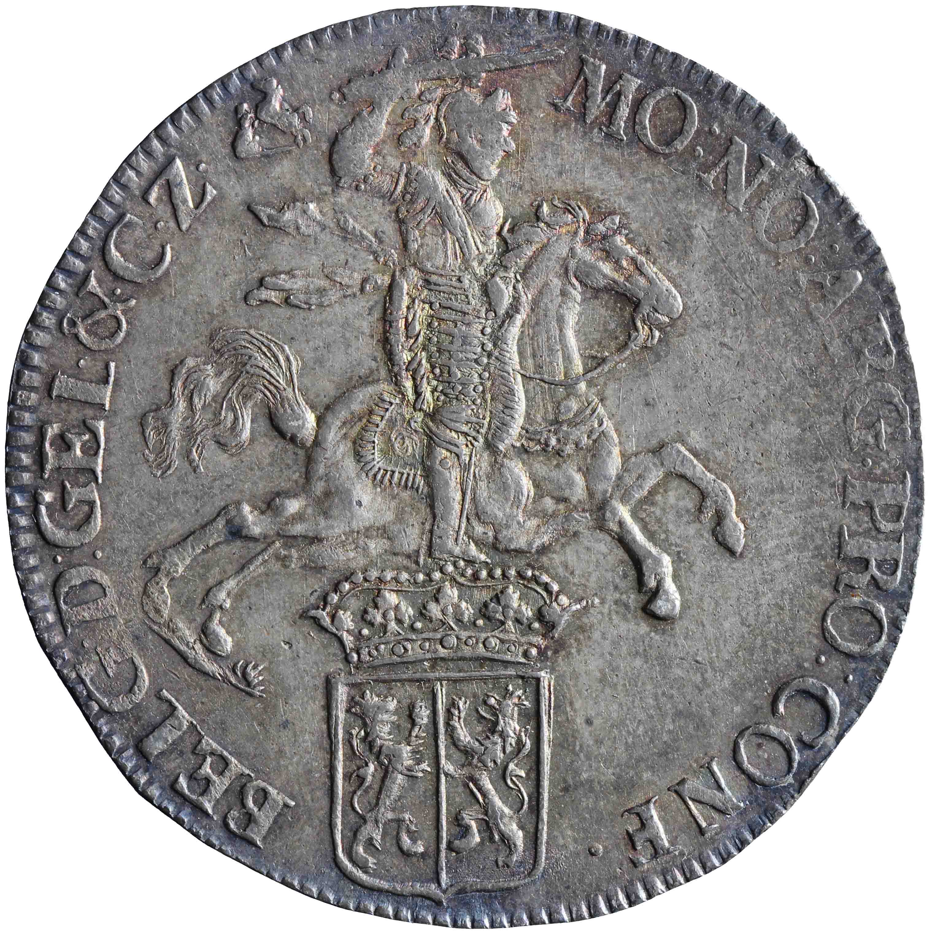 Afbeelding van de voorzijde. zilveren rijder of dukaton. Inventarisnummer:NM-01204