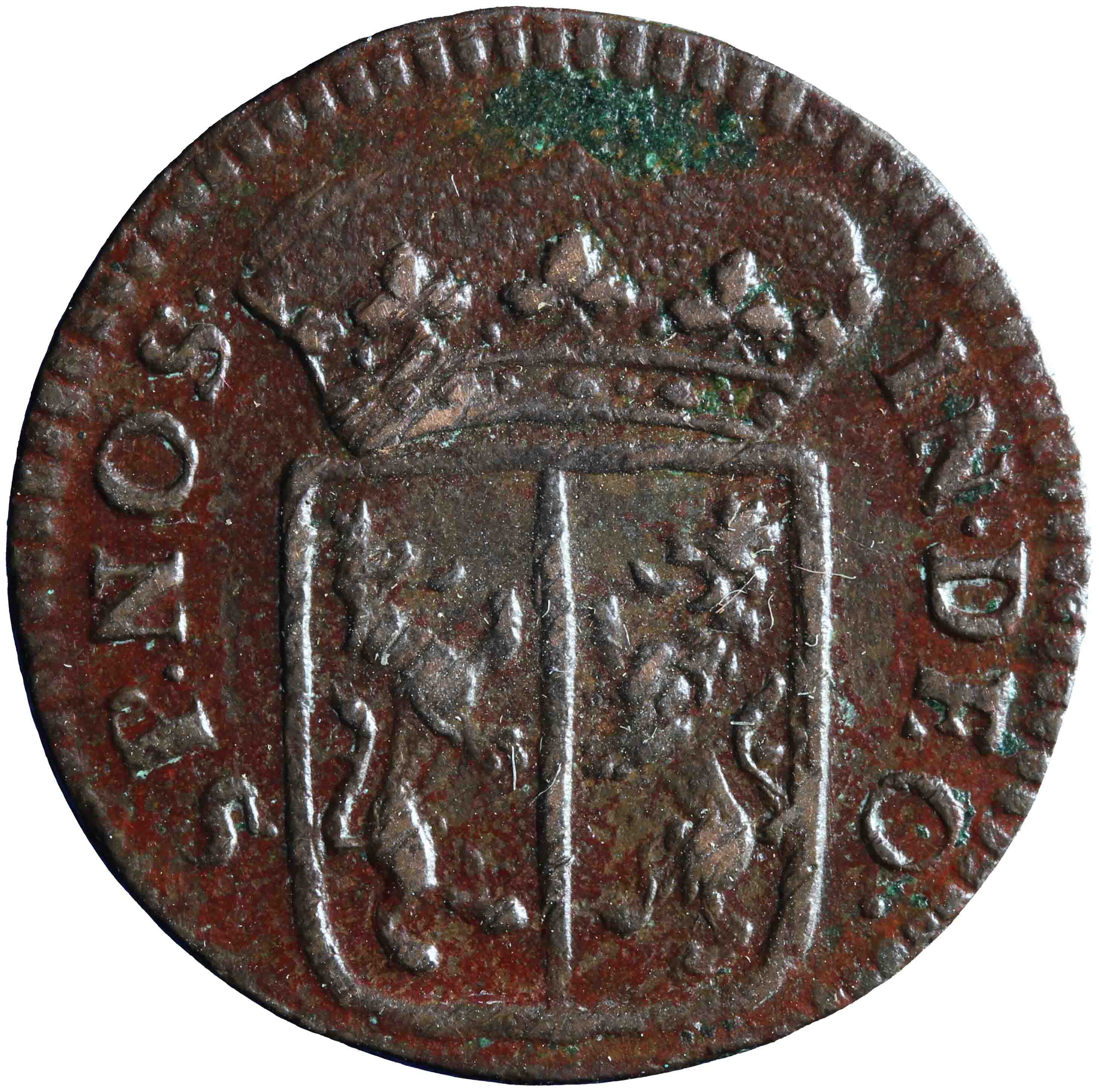 Afbeelding van de voorzijde. duit. Inventarisnummer:NM-01213