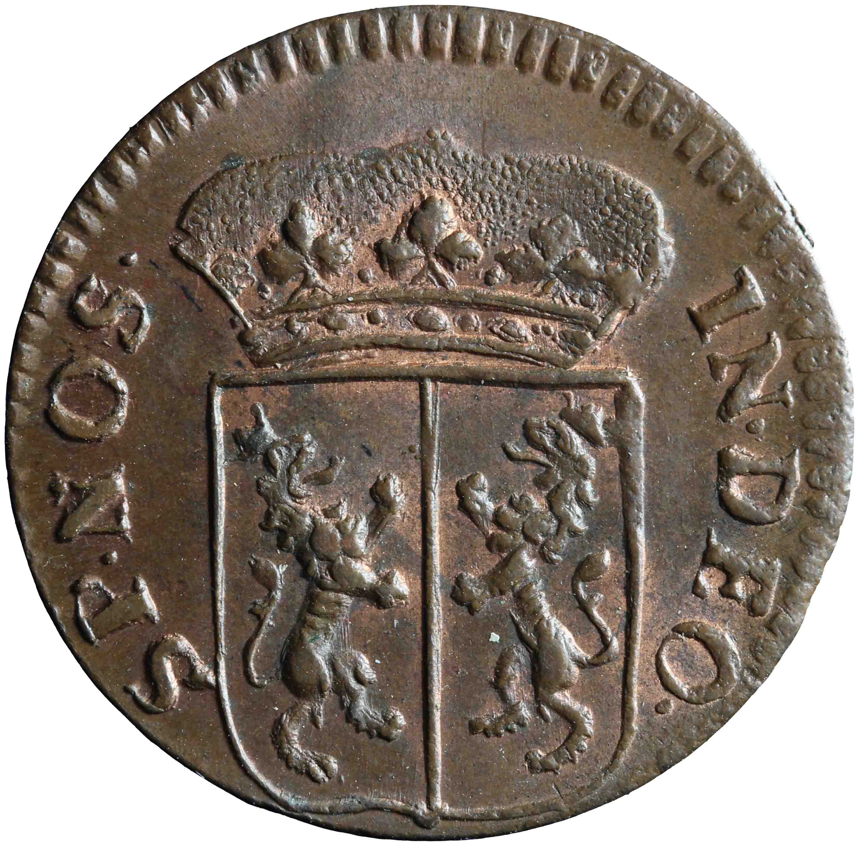 Afbeelding van de voorzijde. duit. Inventarisnummer:NM-01215