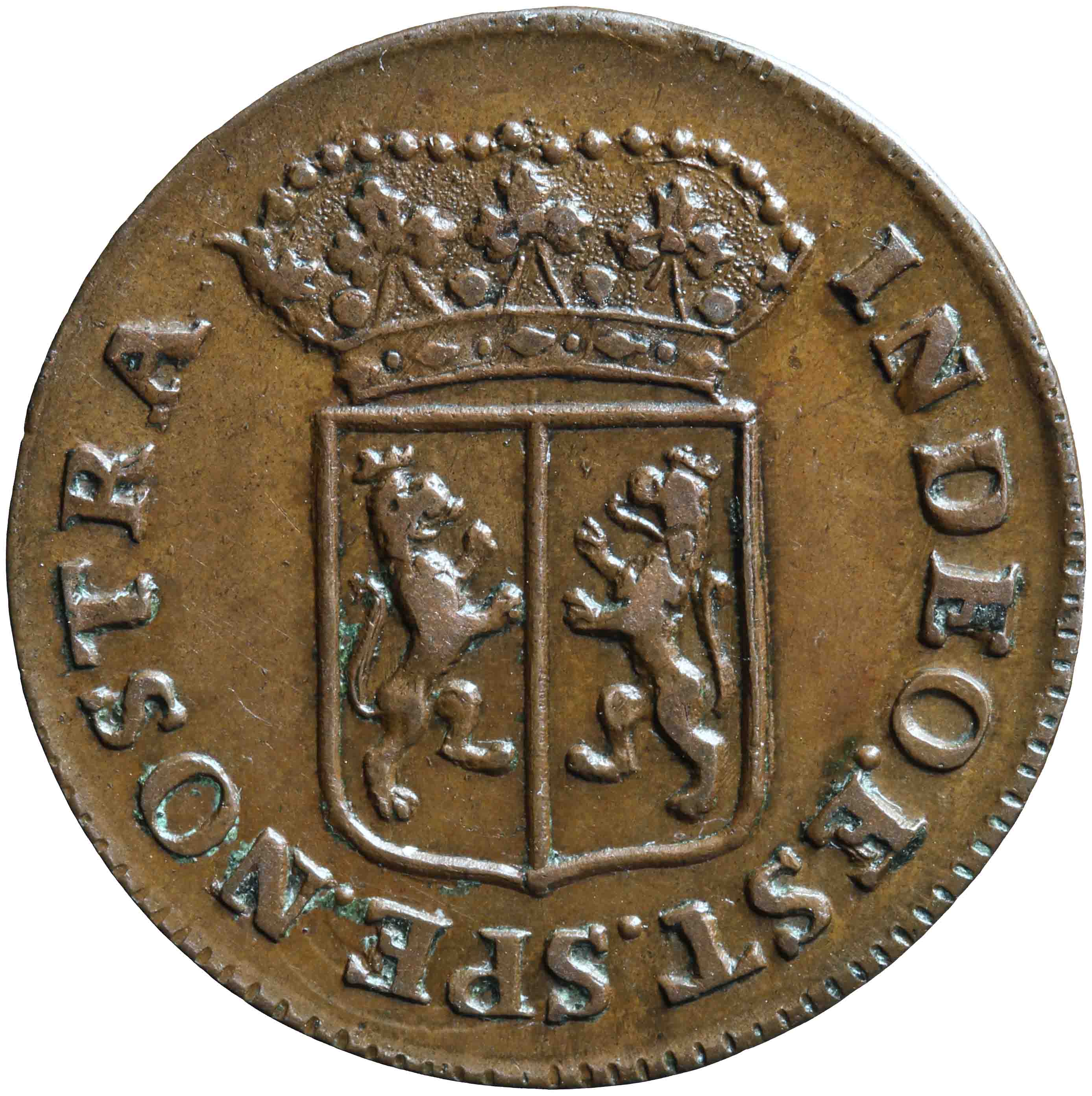 Afbeelding van de voorzijde. duit. Inventarisnummer:NM-01289