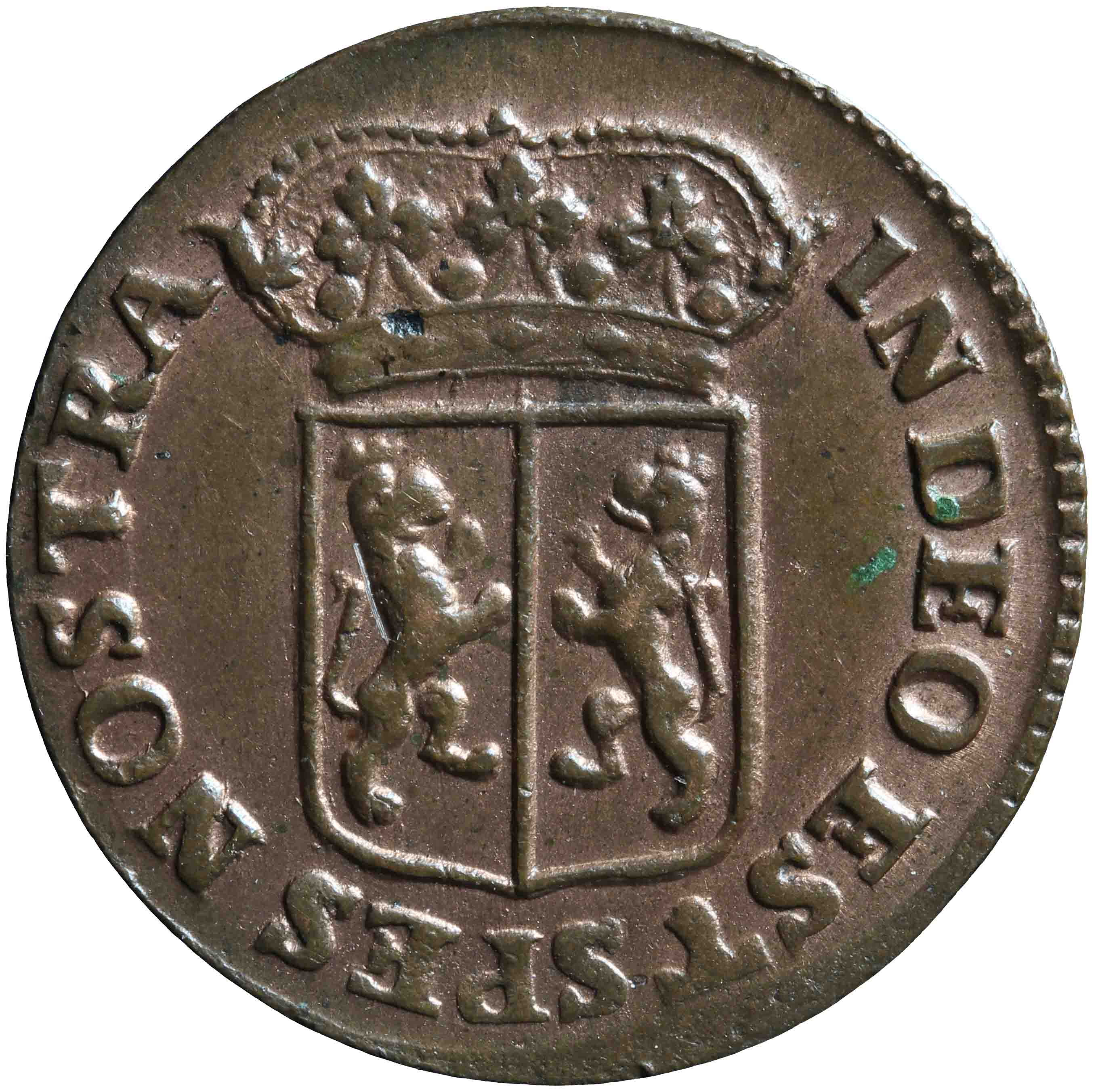 Afbeelding van de voorzijde. duit. Inventarisnummer:NM-01304
