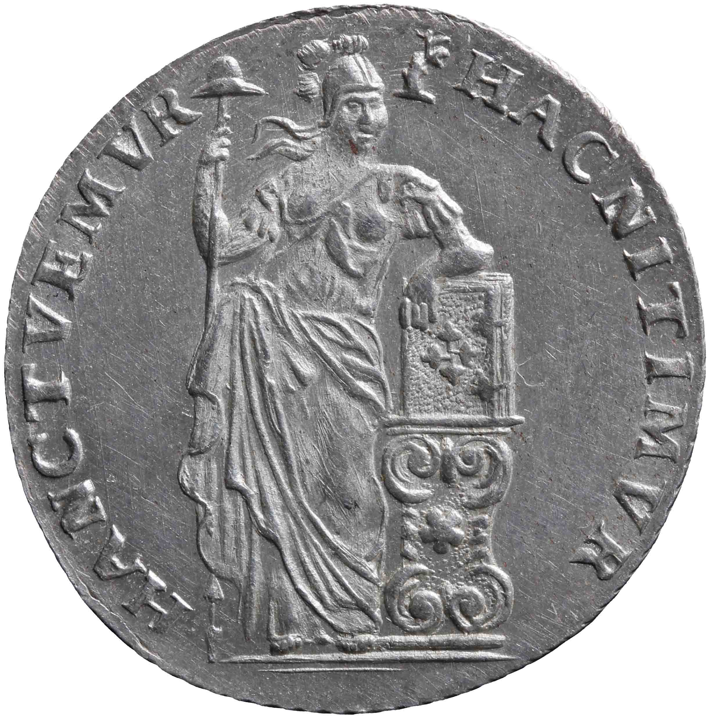 Afbeelding van de voorzijde. halve Generaliteitsgulden van tien stuiver. Inventarisnummer:NM-01317