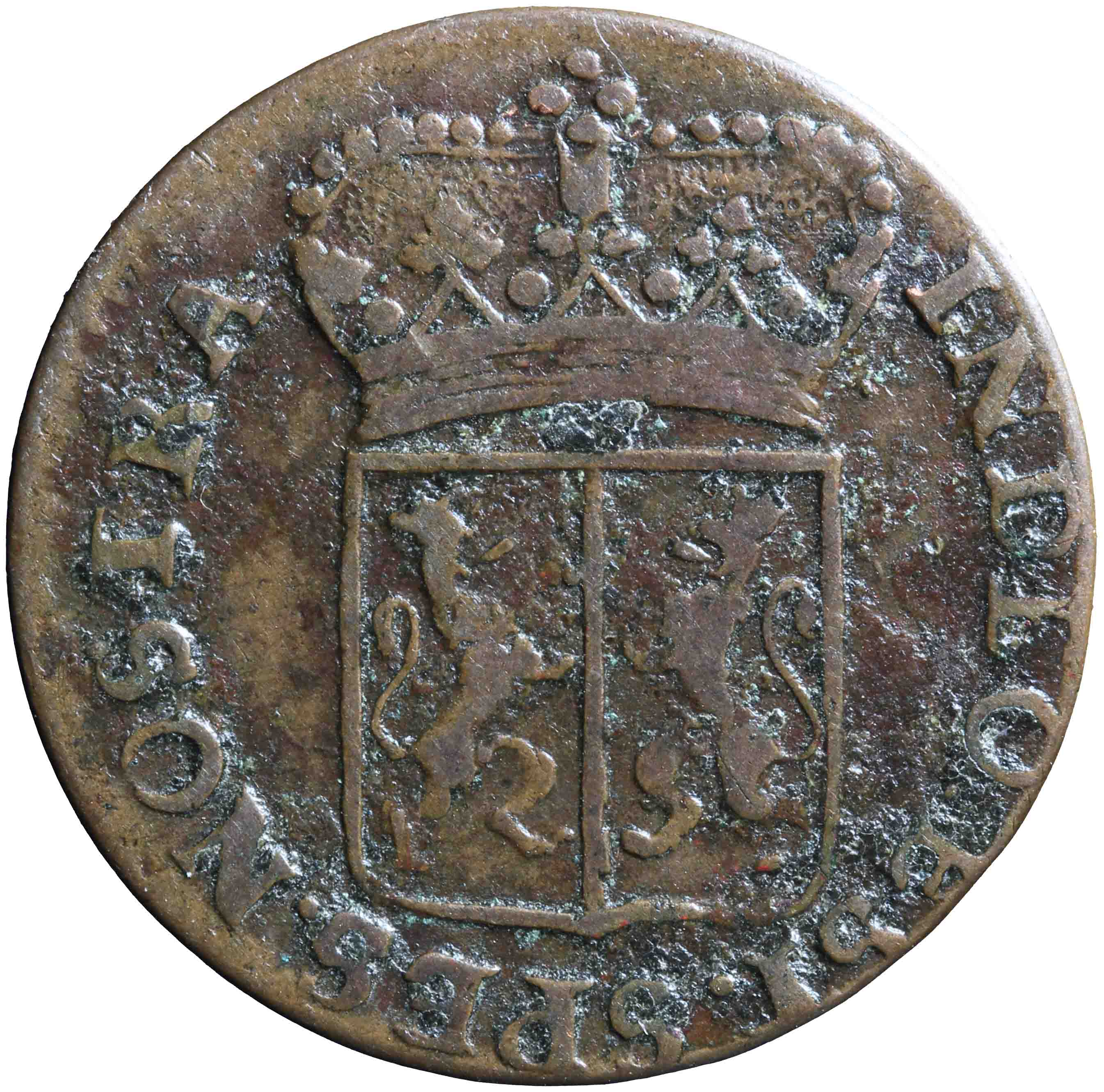 Afbeelding van de voorzijde. duit. Inventarisnummer:NM-01327
