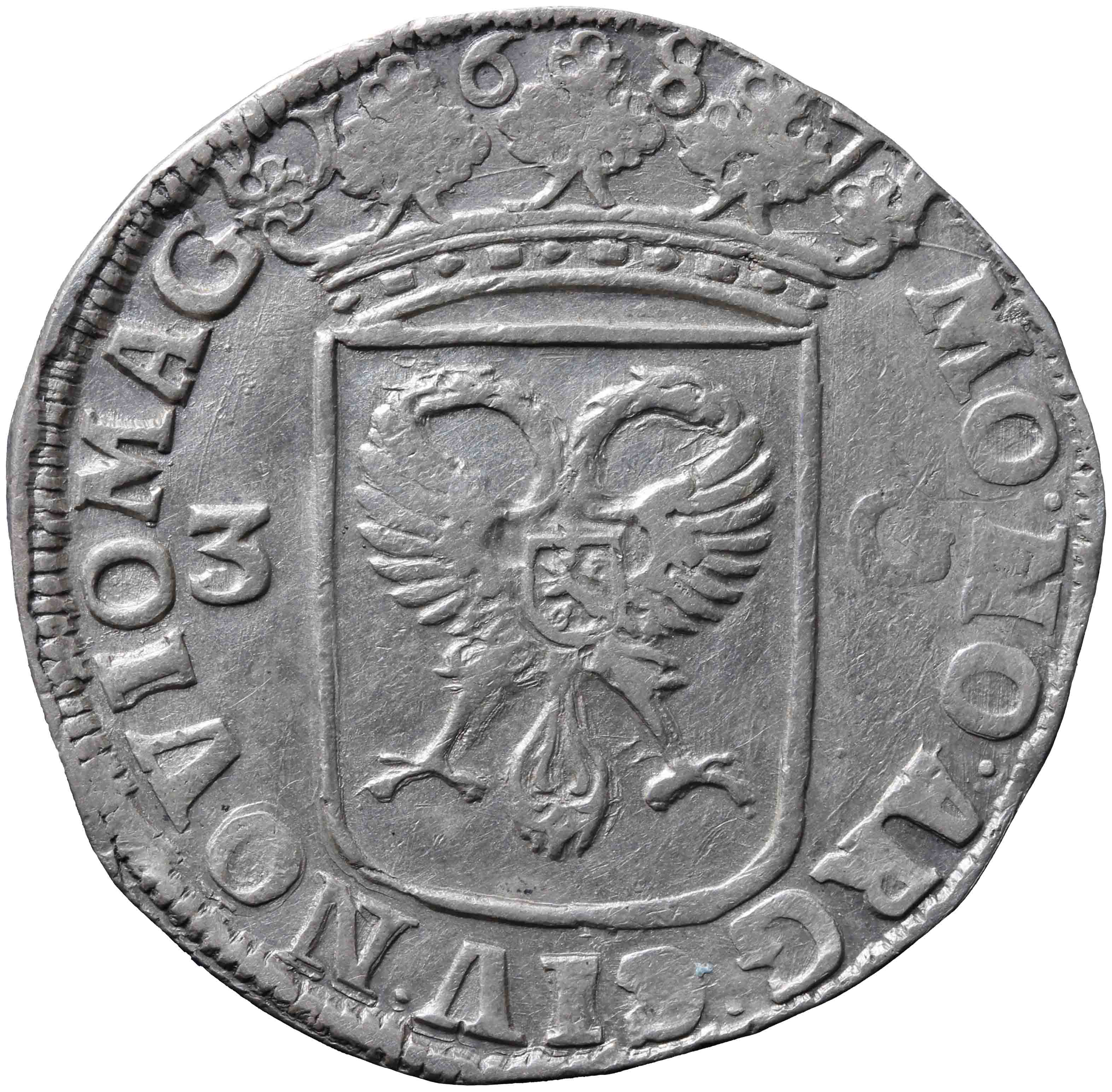 Afbeelding van de keerzijde. drie gulden. Inventarisnummer:NM-01762