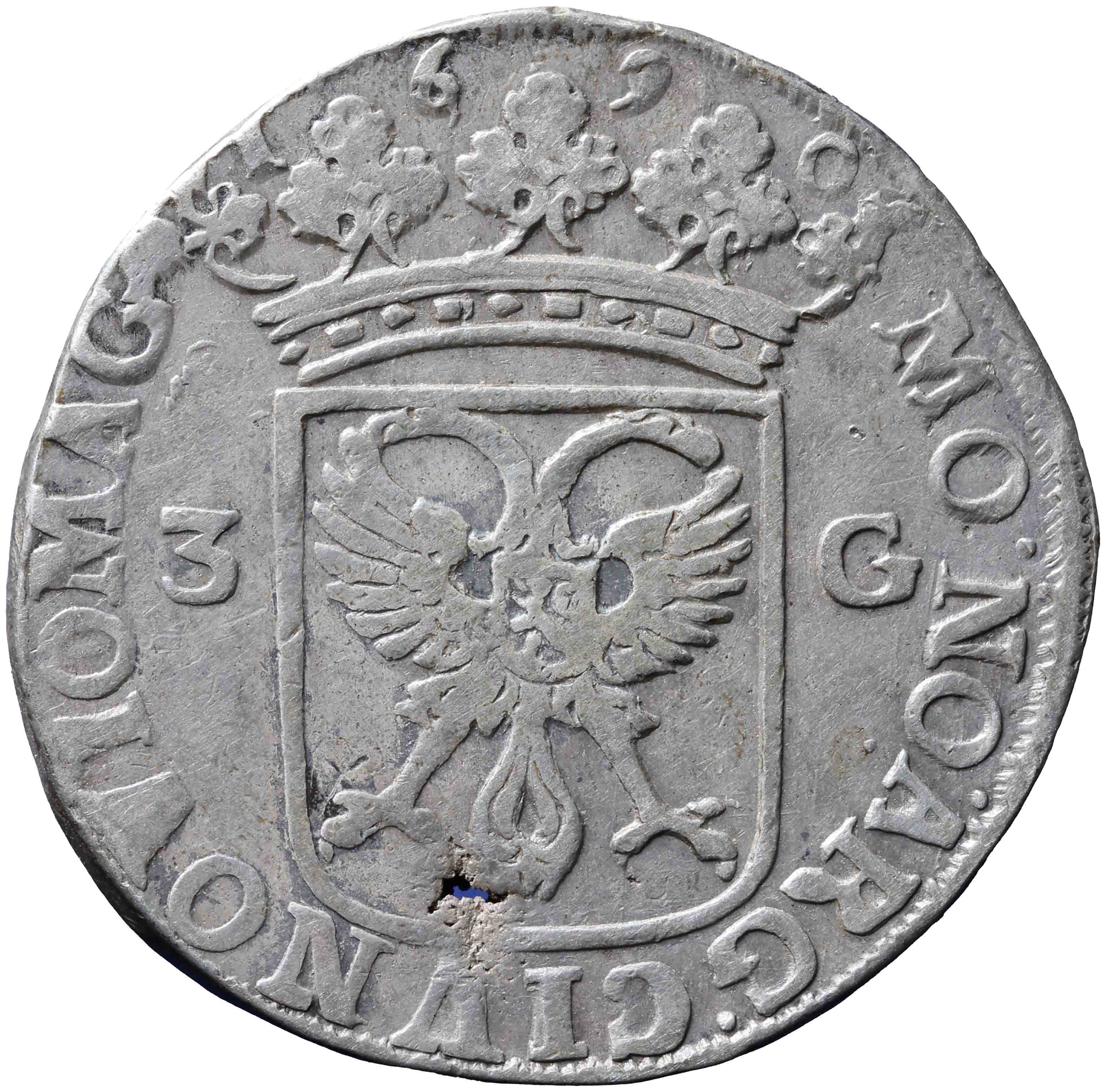 Afbeelding van de voorzijde. drie gulden. Inventarisnummer:NM-01783