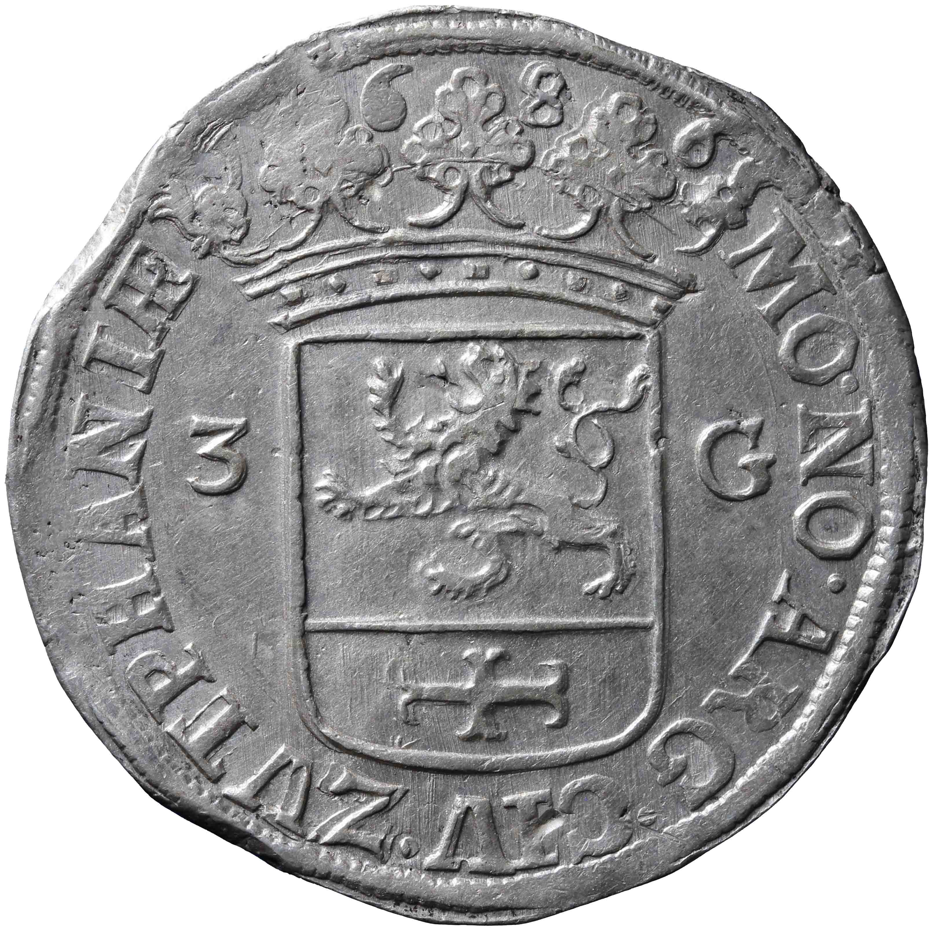 Afbeelding van de keerzijde. stedelijke drie gulden. Inventarisnummer:NM-01857