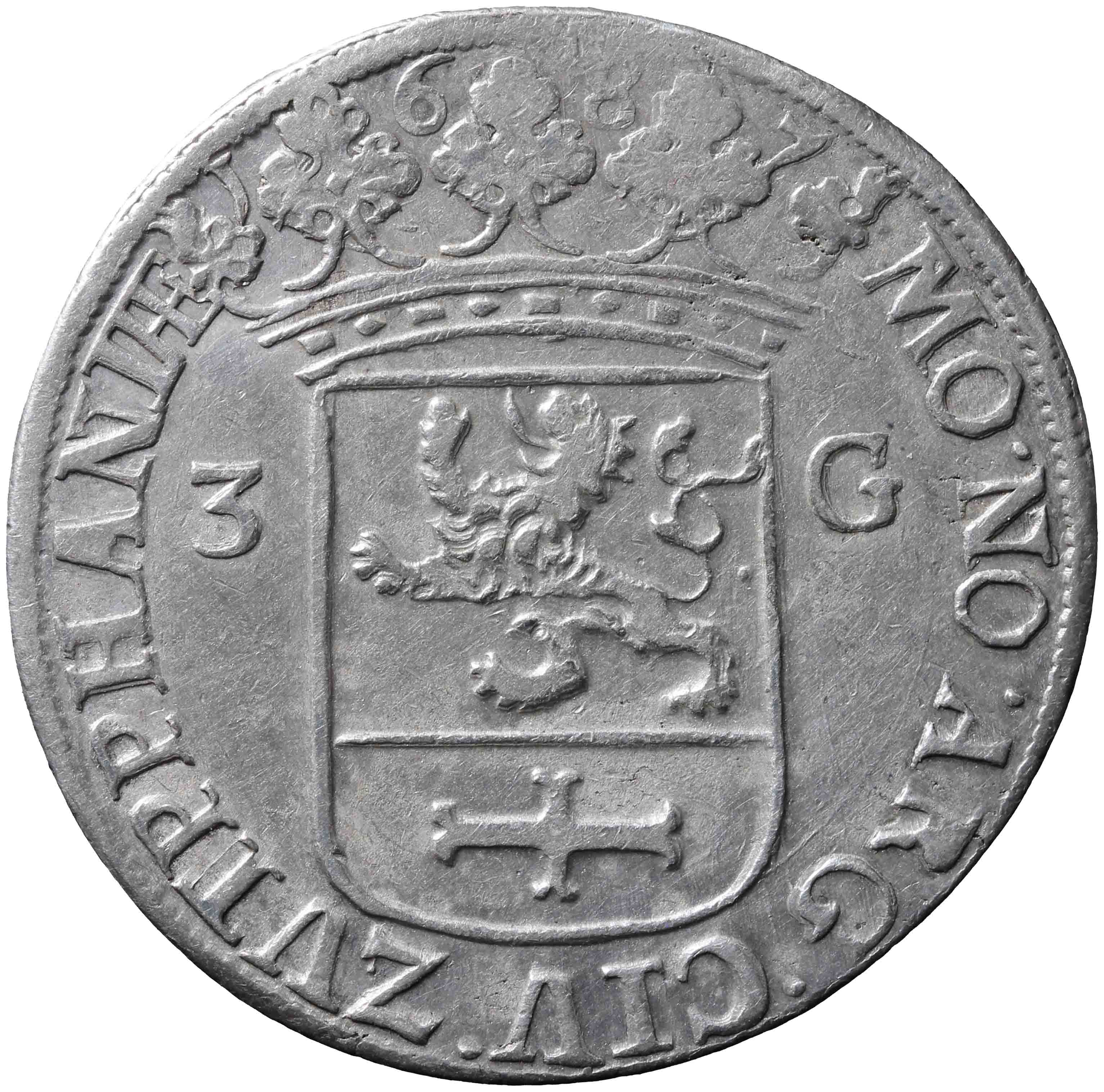 Afbeelding van de keerzijde. stedelijke drie gulden. Inventarisnummer:NM-01859