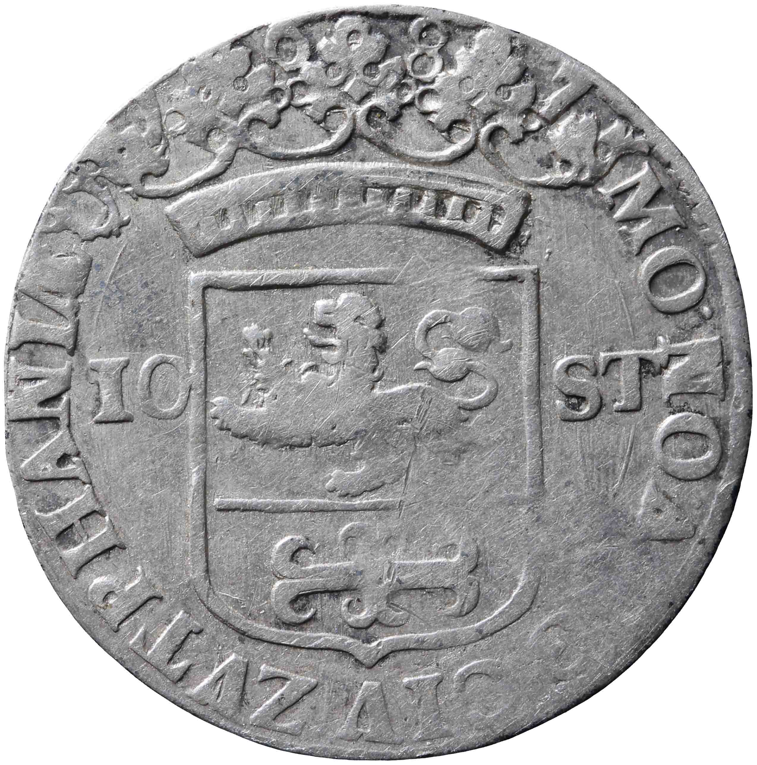 Afbeelding van de keerzijde. stedelijke halve gulden van 10 stuiver. Inventarisnummer:NM-01864