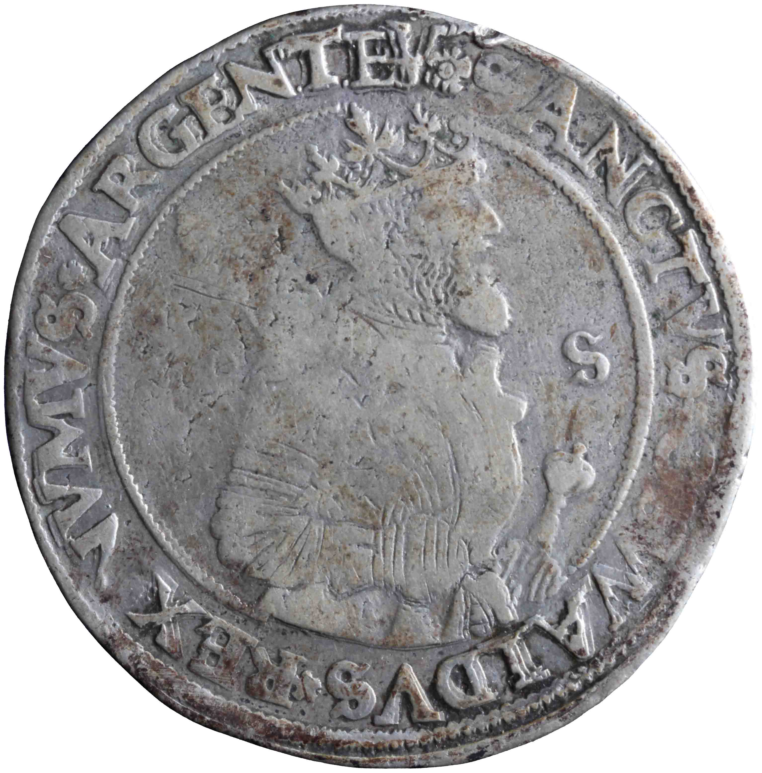 Afbeelding van de voorzijde. St Oswald daalder van dertig stuiver. Inventarisnummer:NM-02415