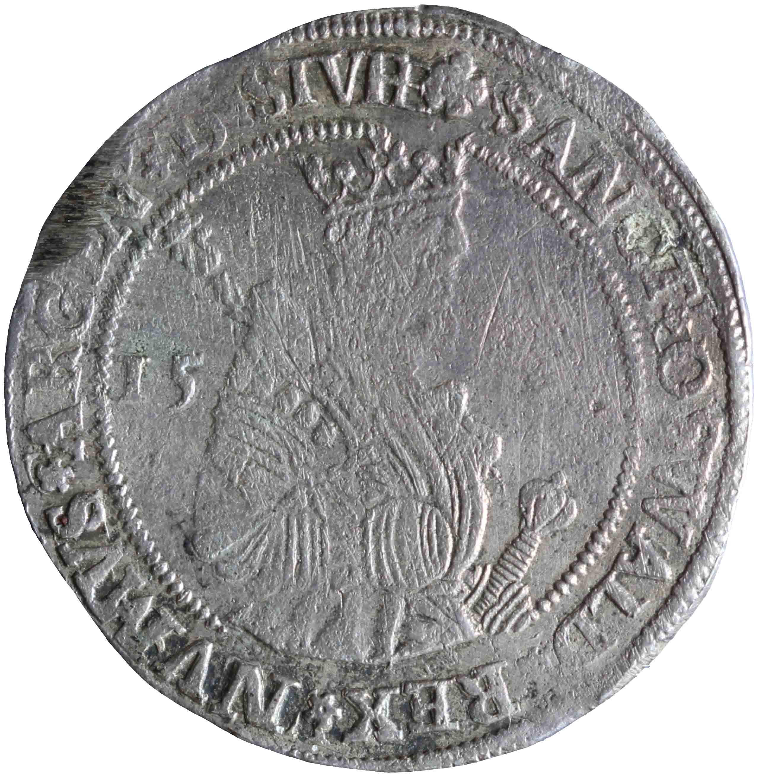 Afbeelding van de voorzijde. halve St Oswald daalder van vijftien stuiver. Inventarisnummer:NM-02417