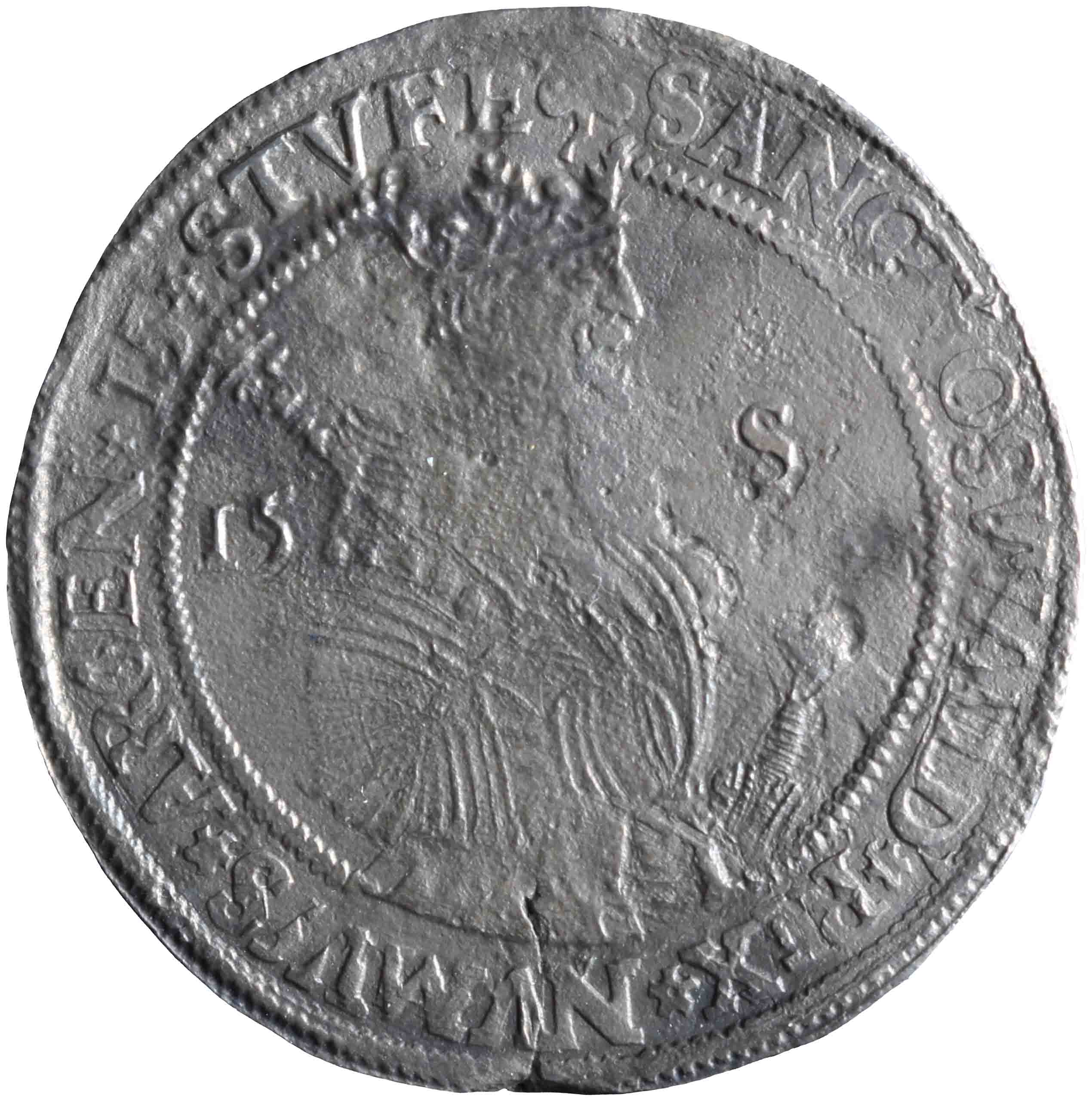 Afbeelding van de voorzijde. halve St Oswald daalder van vijftien stuiver. Inventarisnummer:NM-02418