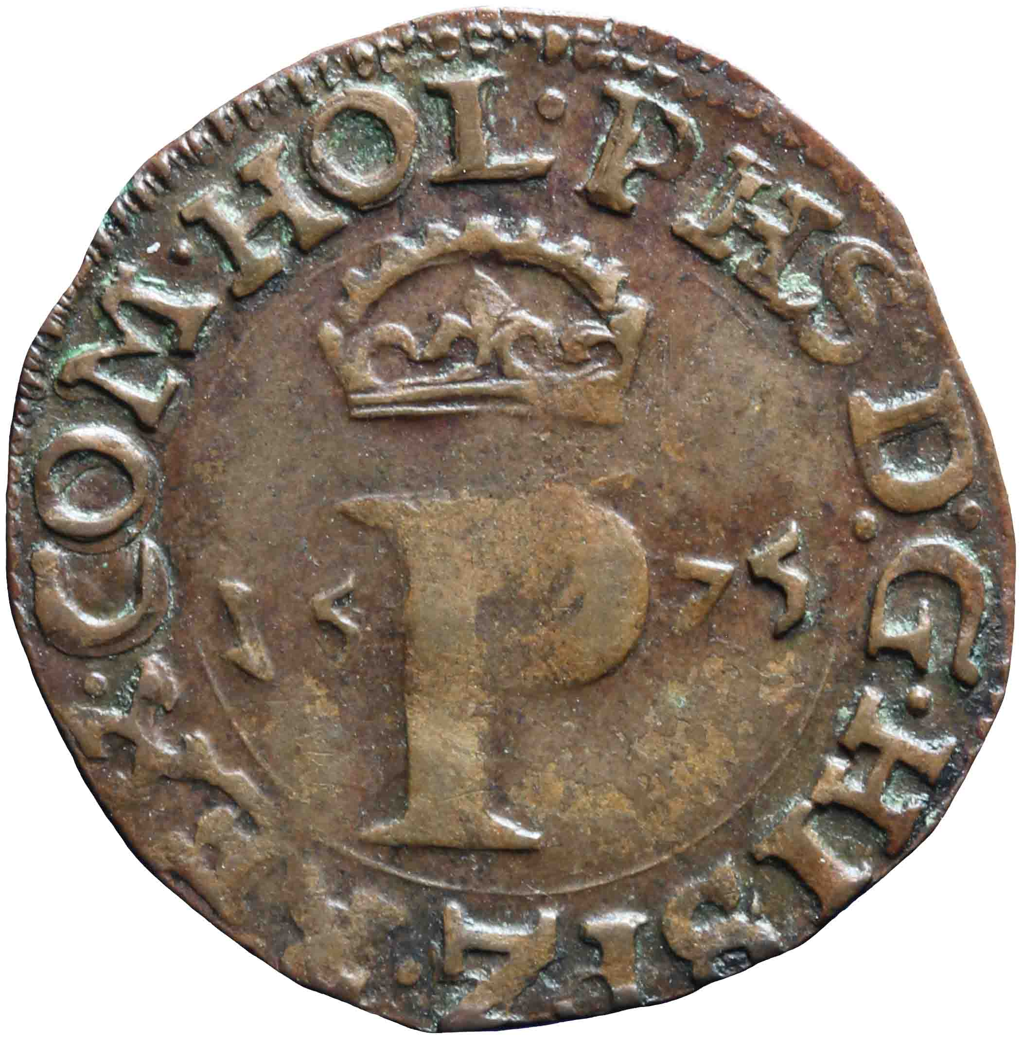 Afbeelding van de voorzijde. penning of denier of drie mijt of halve duit. Inventarisnummer:NM-03092