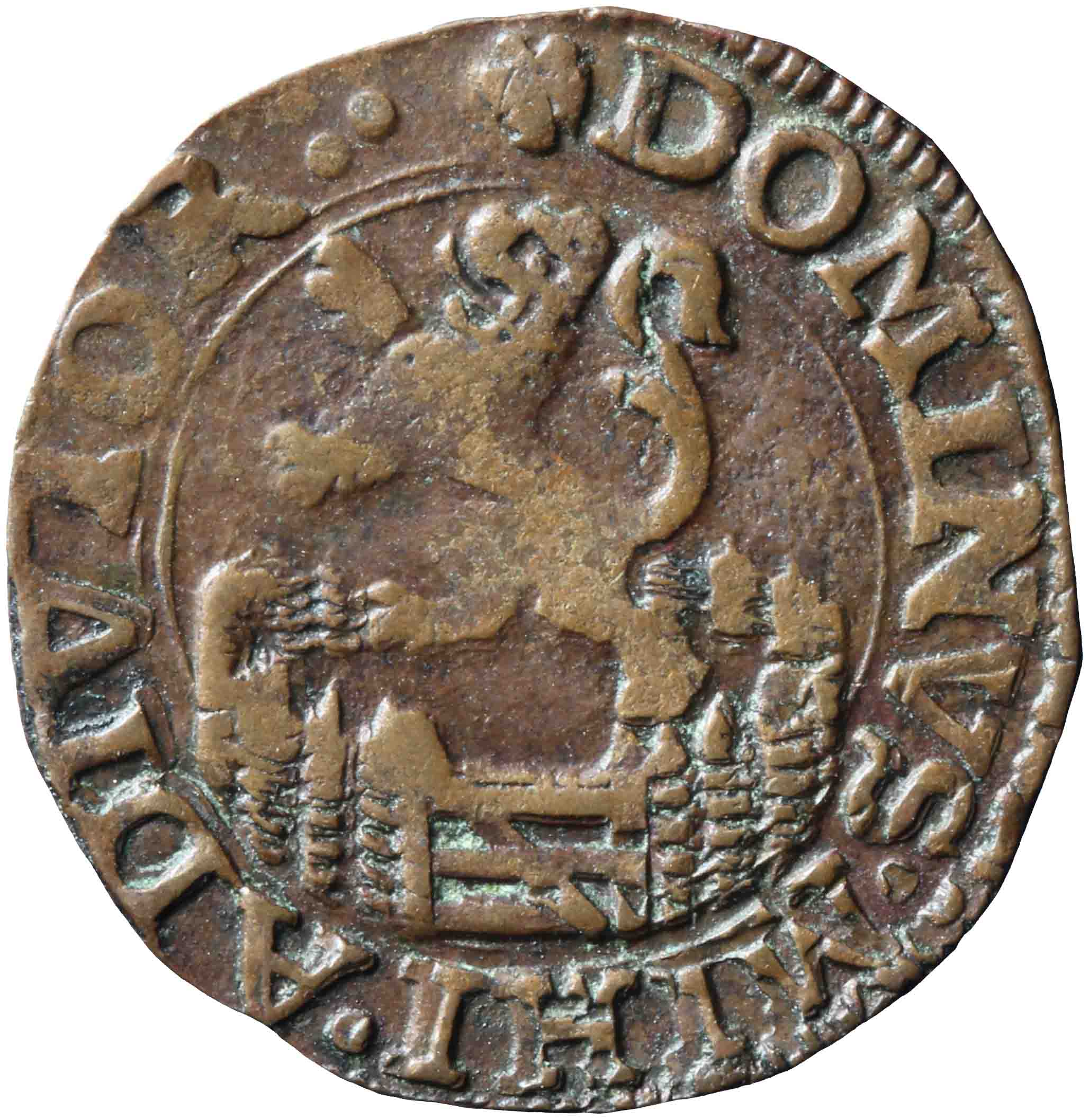 Afbeelding van de keerzijde. penning of denier of drie mijt of halve duit. Inventarisnummer:NM-03092