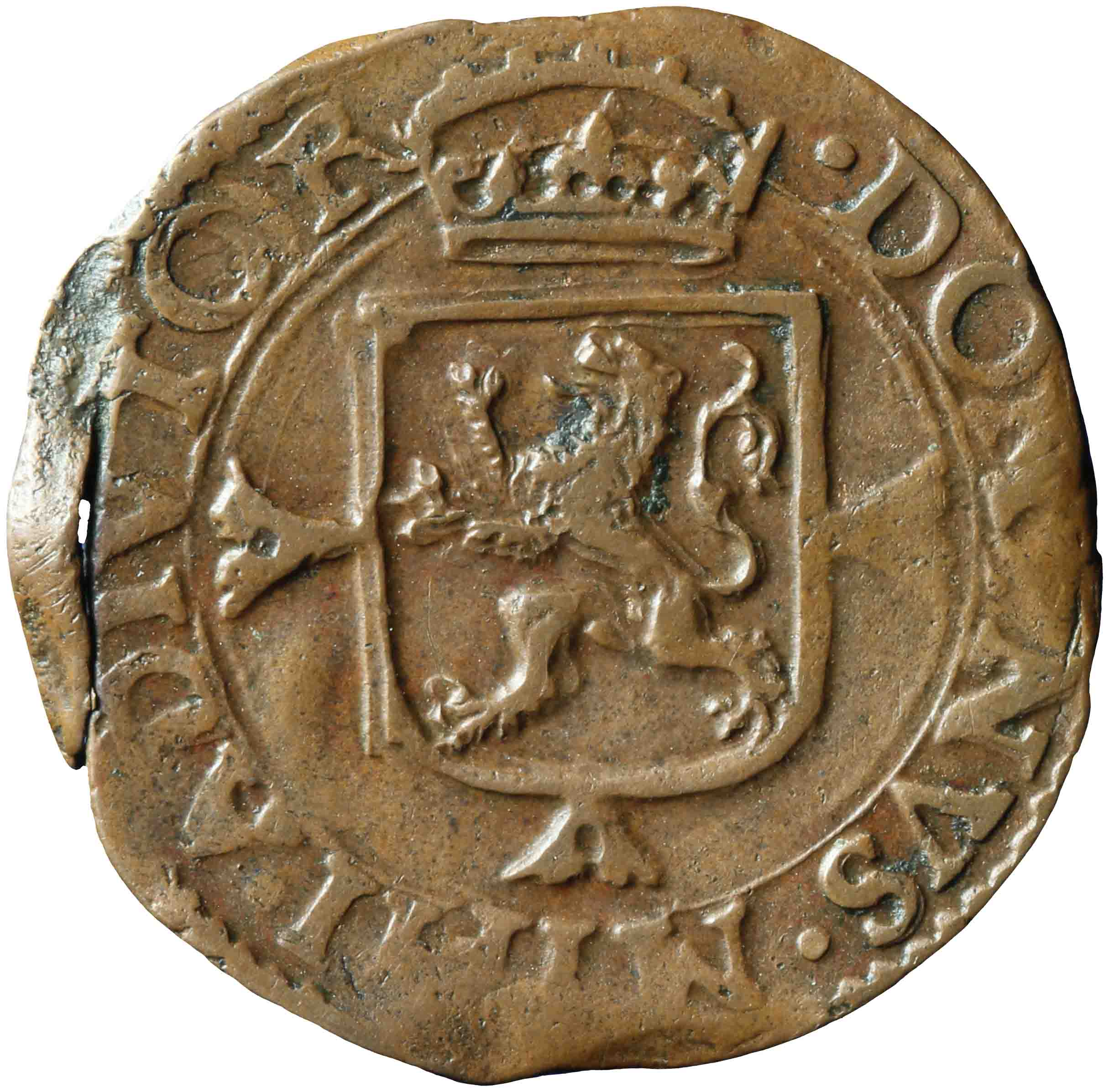 Afbeelding van de voorzijde. duit of achtste stuiver. Inventarisnummer:NM-03118