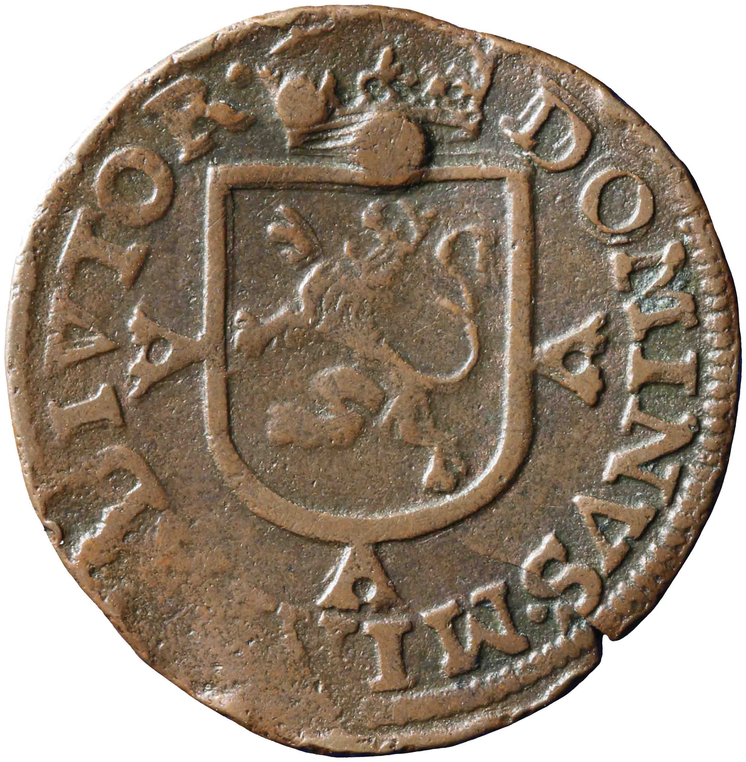 Afbeelding van de voorzijde. duit of achtste stuiver. Inventarisnummer:NM-03119