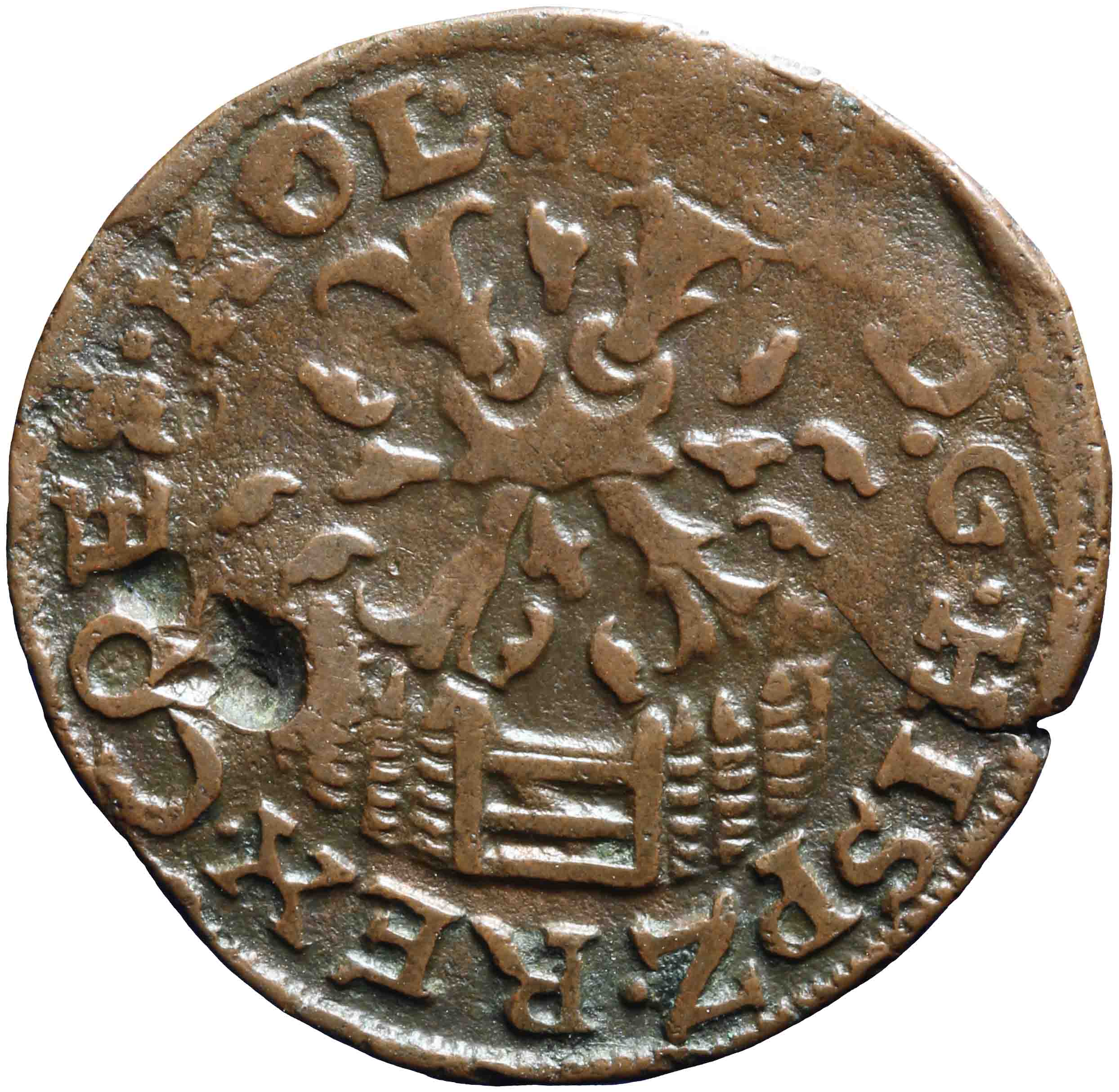 Afbeelding van de keerzijde. duit of achtste stuiver. Inventarisnummer:NM-03119