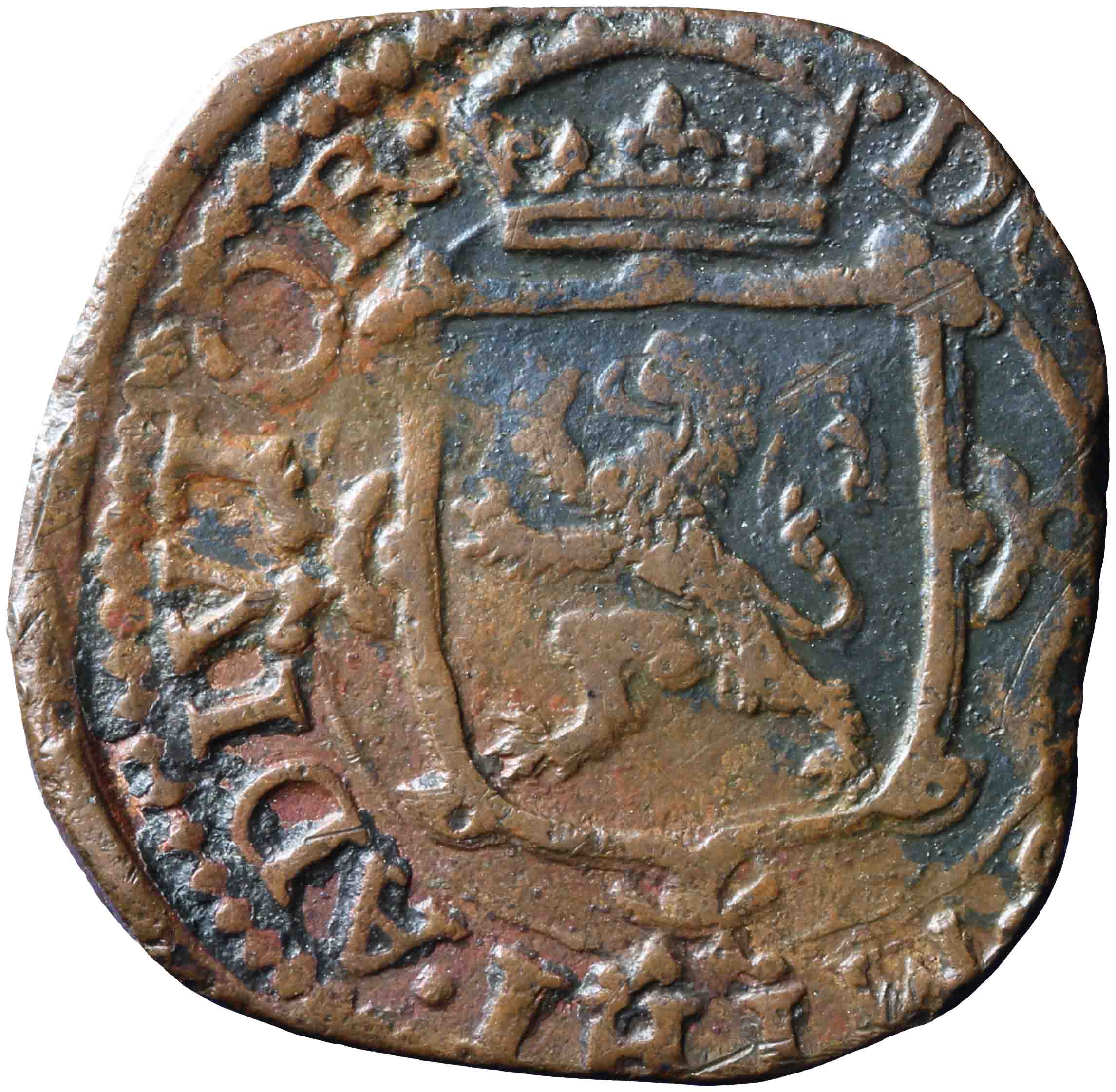 Afbeelding van de voorzijde. duit of achtste stuiver. Inventarisnummer:NM-03122