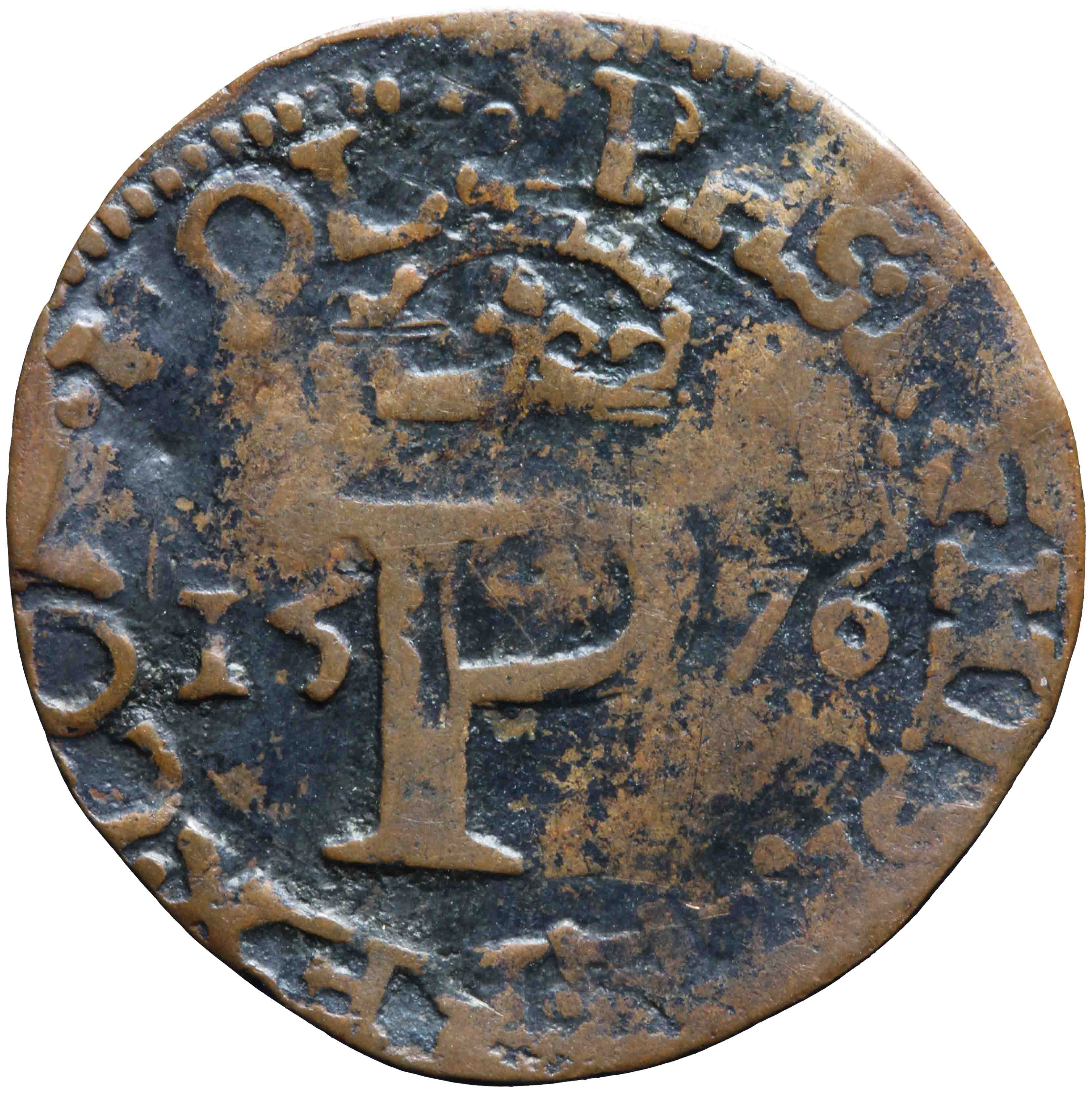 Afbeelding van de voorzijde. penning of denier of drie mijt of halve duit. Inventarisnummer:NM-03127