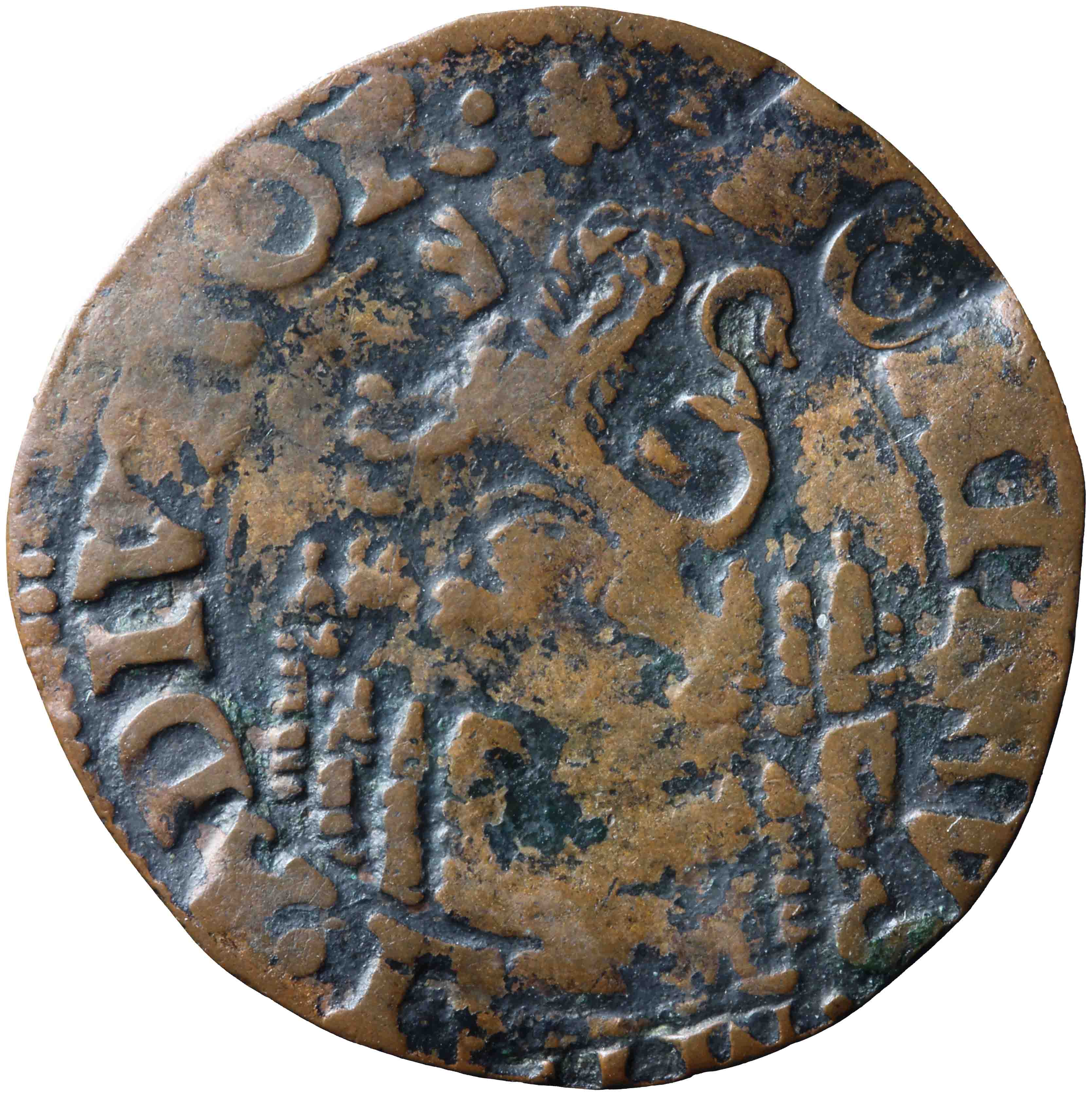 Afbeelding van de keerzijde. penning of denier of drie mijt of halve duit. Inventarisnummer:NM-03127