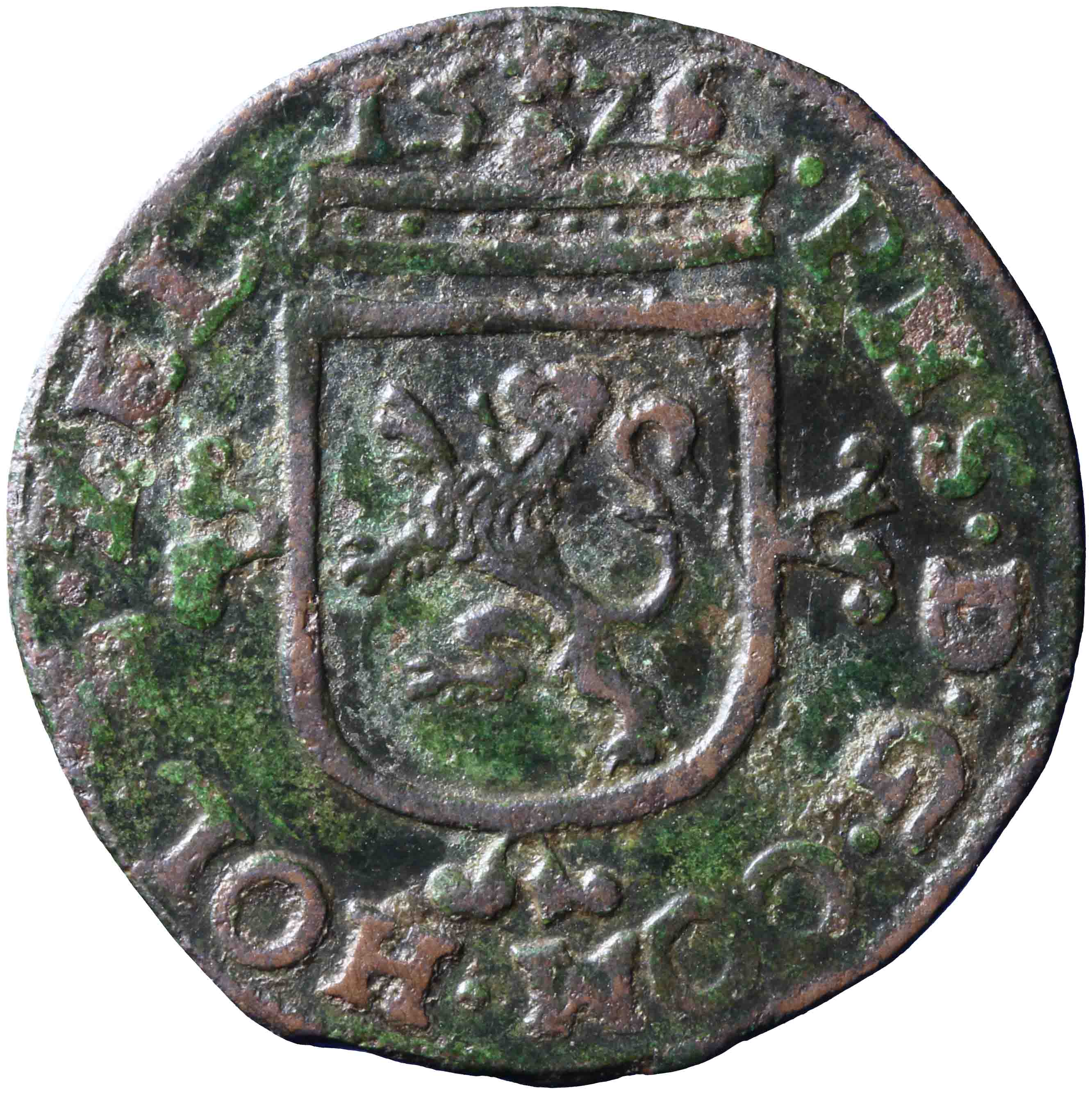 Afbeelding van de keerzijde. oord of kwart stuiver. Inventarisnummer:NM-03128