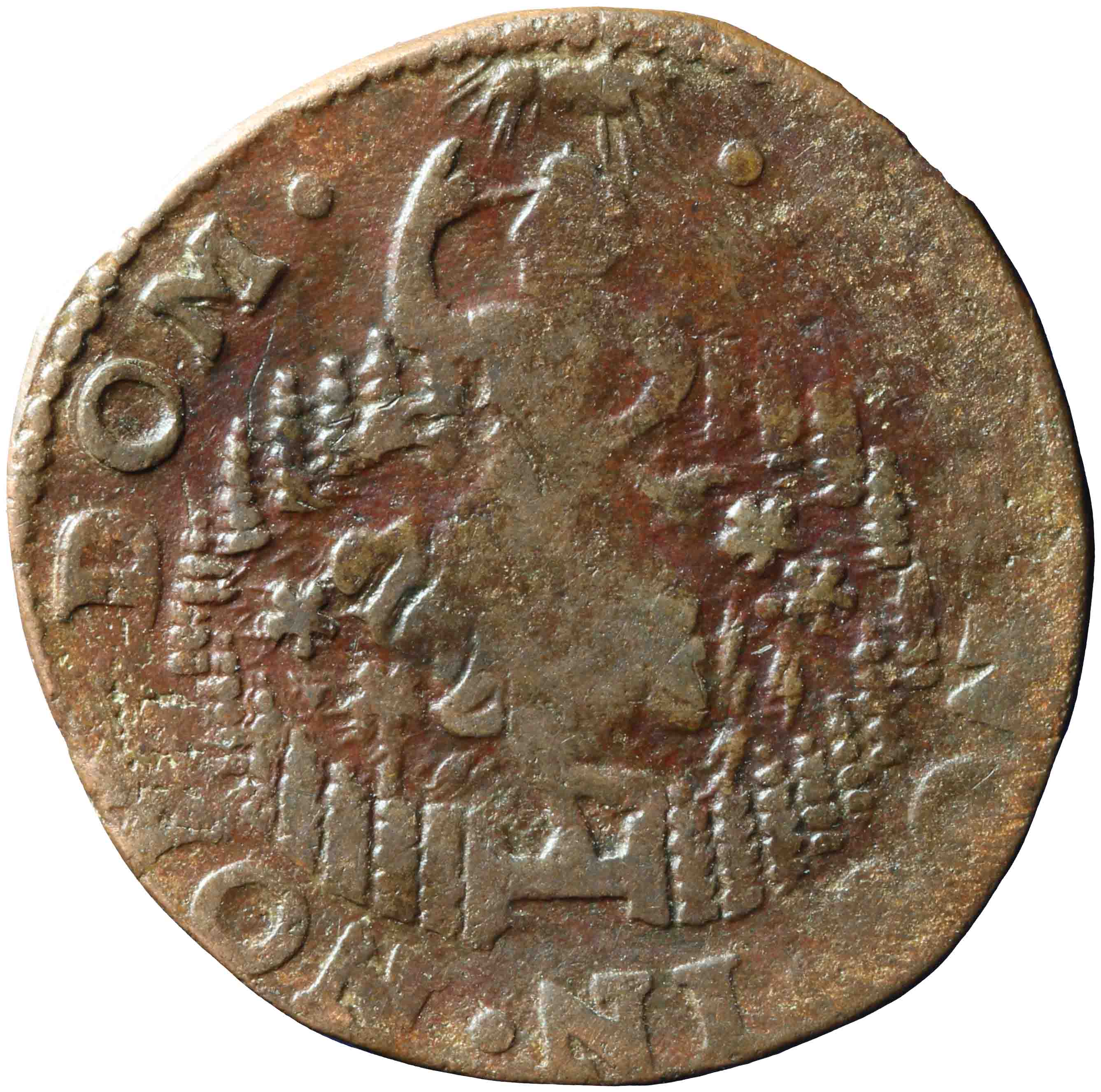 Afbeelding van de voorzijde. oord of kwart stuiver. Inventarisnummer:NM-03133