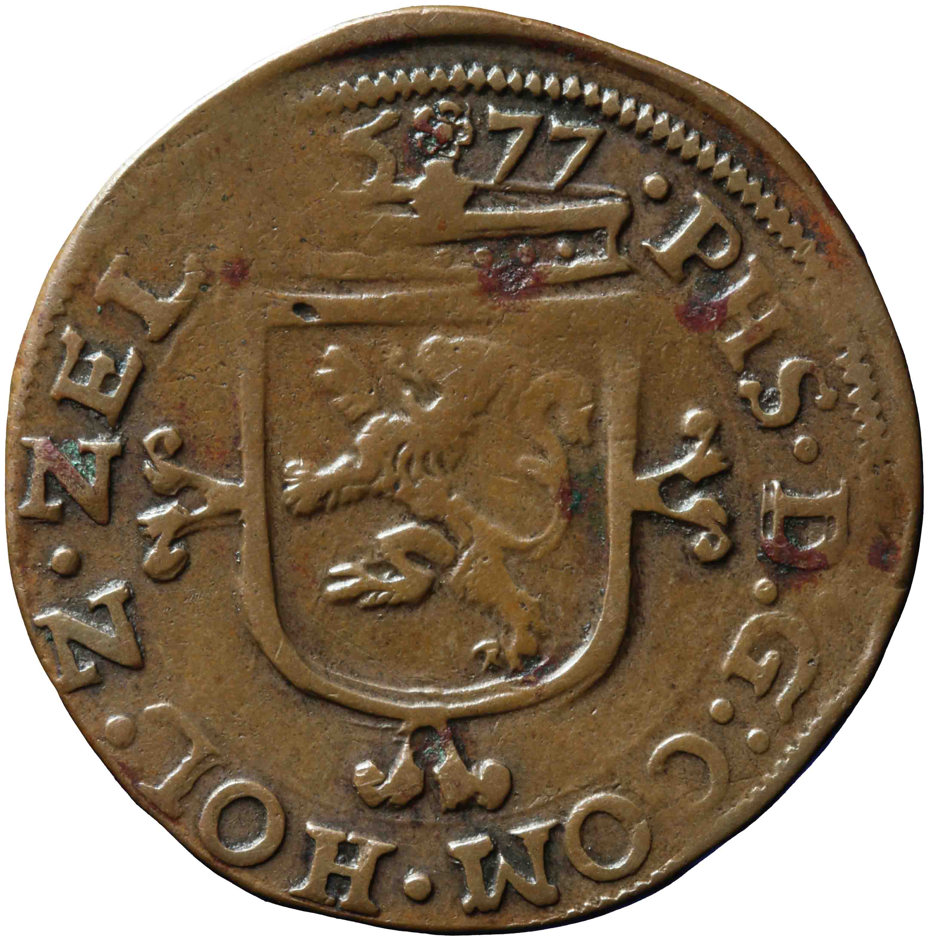 Afbeelding van de keerzijde. oord of kwart stuiver. Inventarisnummer:NM-03134