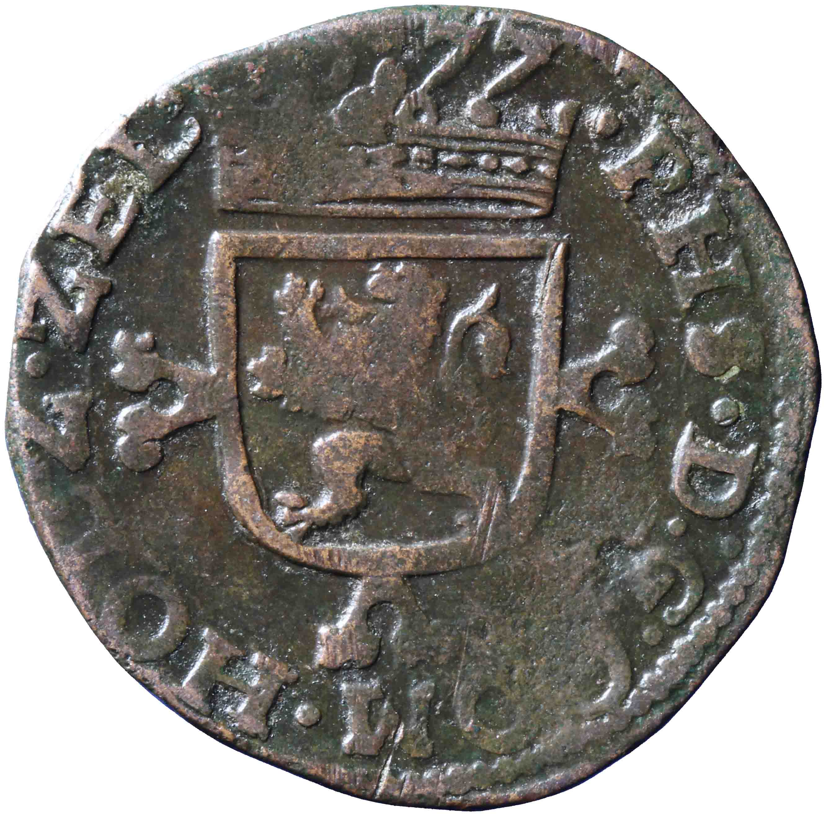 Afbeelding van de keerzijde. oord of kwart stuiver. Inventarisnummer:NM-03135