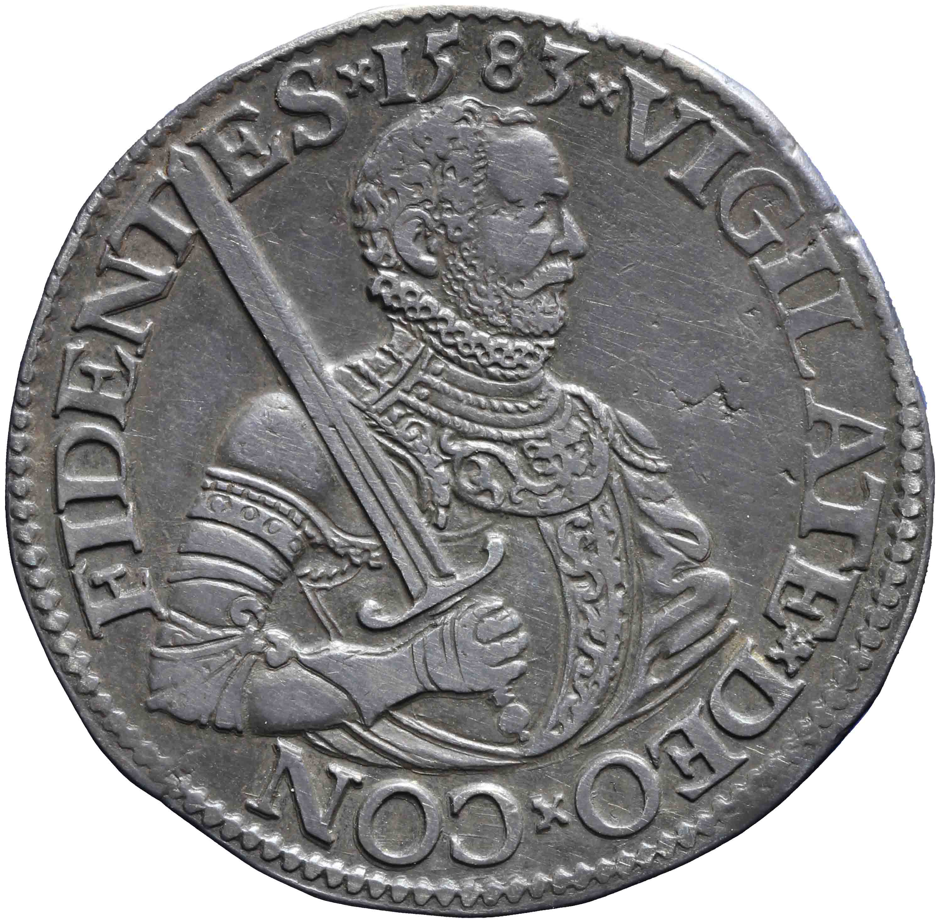 Afbeelding van de voorzijde. Hollandse of gehelmde rijksdaalder of Prinsendaalder. Inventarisnummer:NM-03152