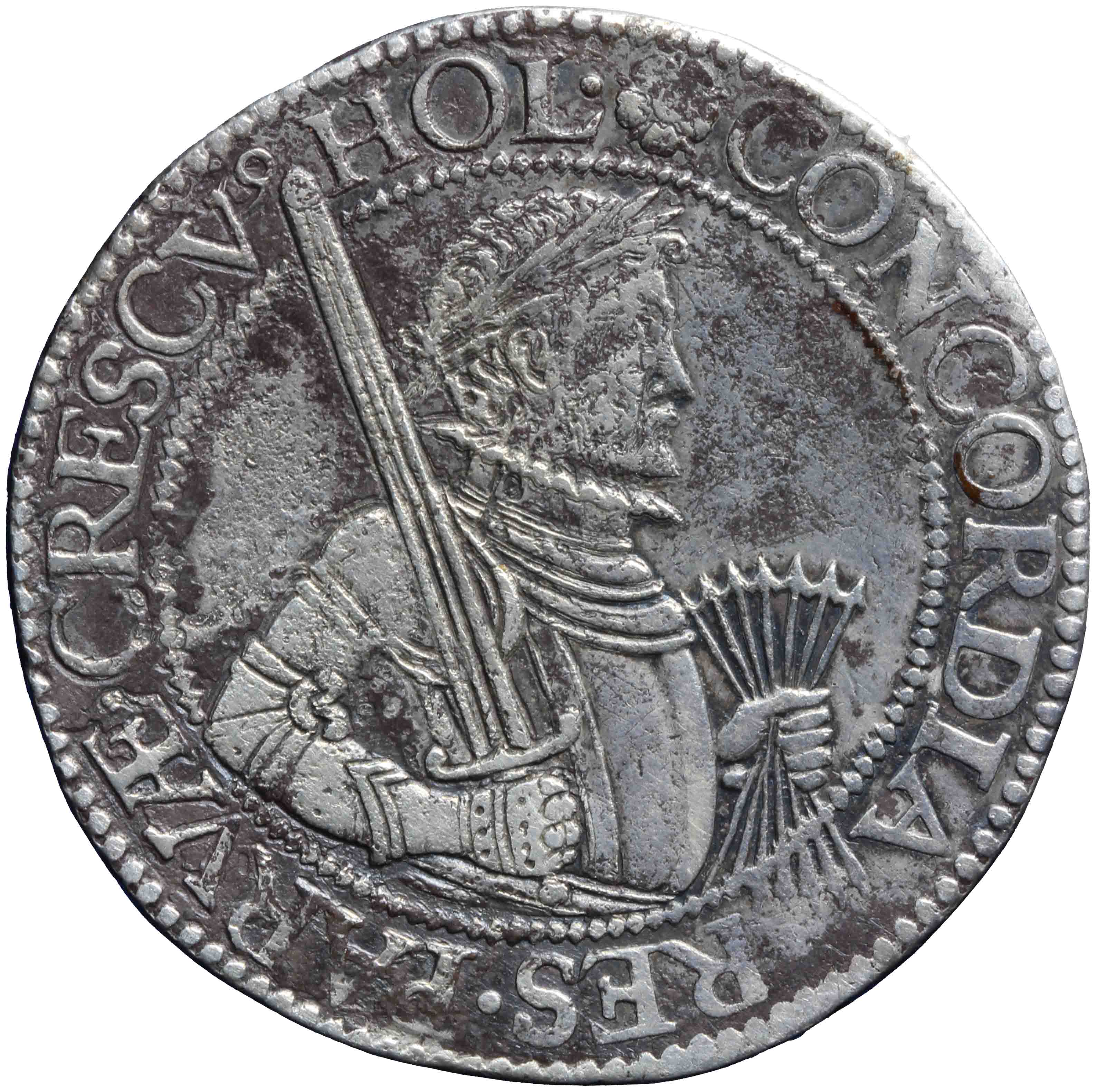 Afbeelding van de voorzijde. Leicesterrijksdaalder of unierijksdaalder of Nederlandse rijksdaalder. Inventarisnummer:NM-03177