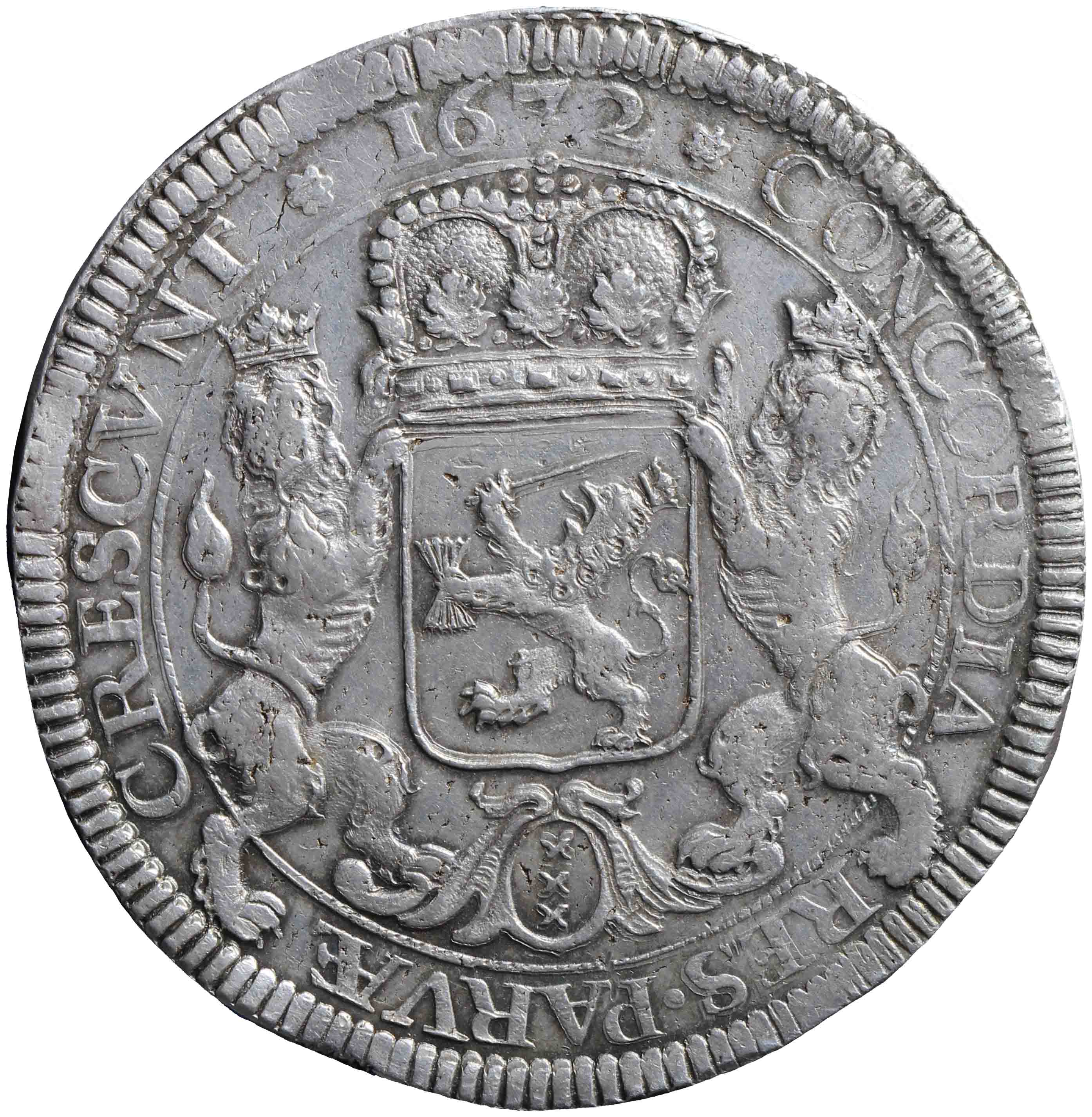 Afbeelding van de keerzijde. zilveren rijder of dukaton. Inventarisnummer:NM-03329