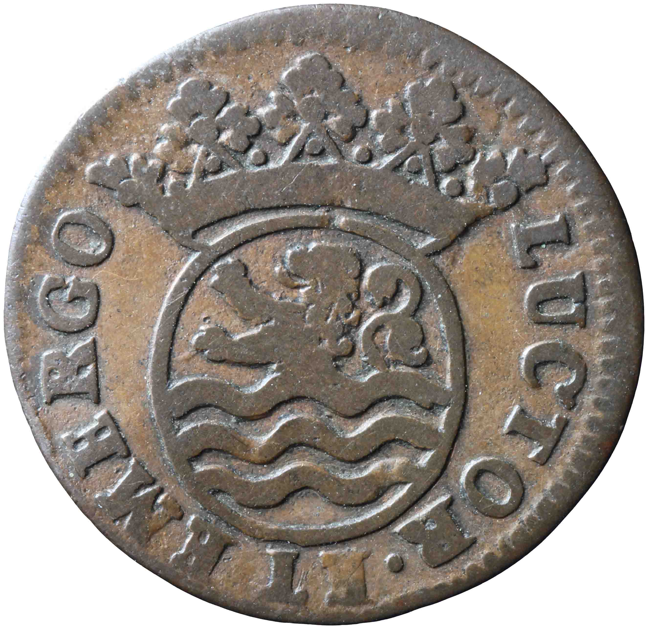 Afbeelding van de voorzijde. duit. Inventarisnummer:NM-04905