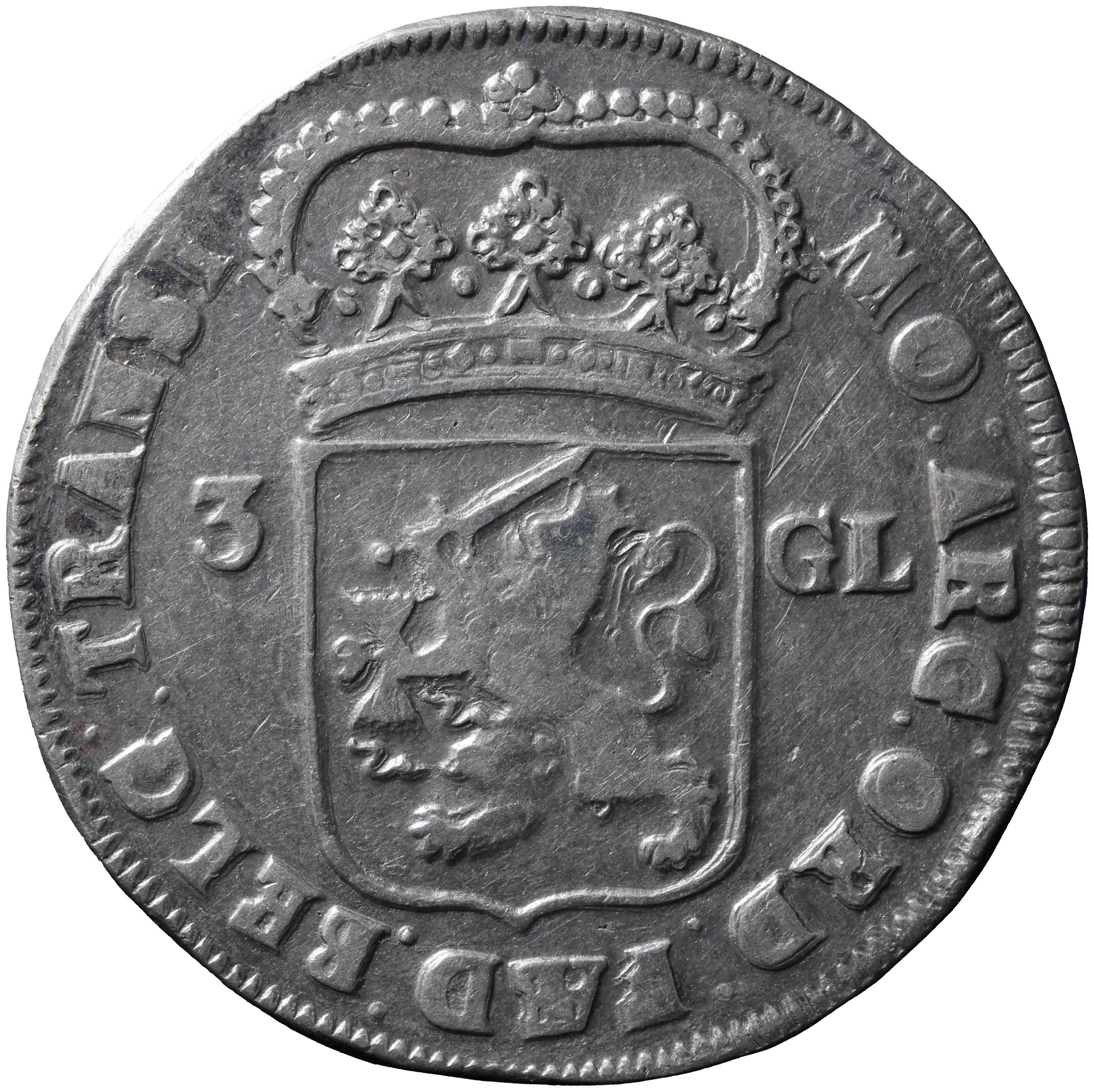 Afbeelding van de keerzijde. Generaliteits drie gulden. Inventarisnummer:NM-07190