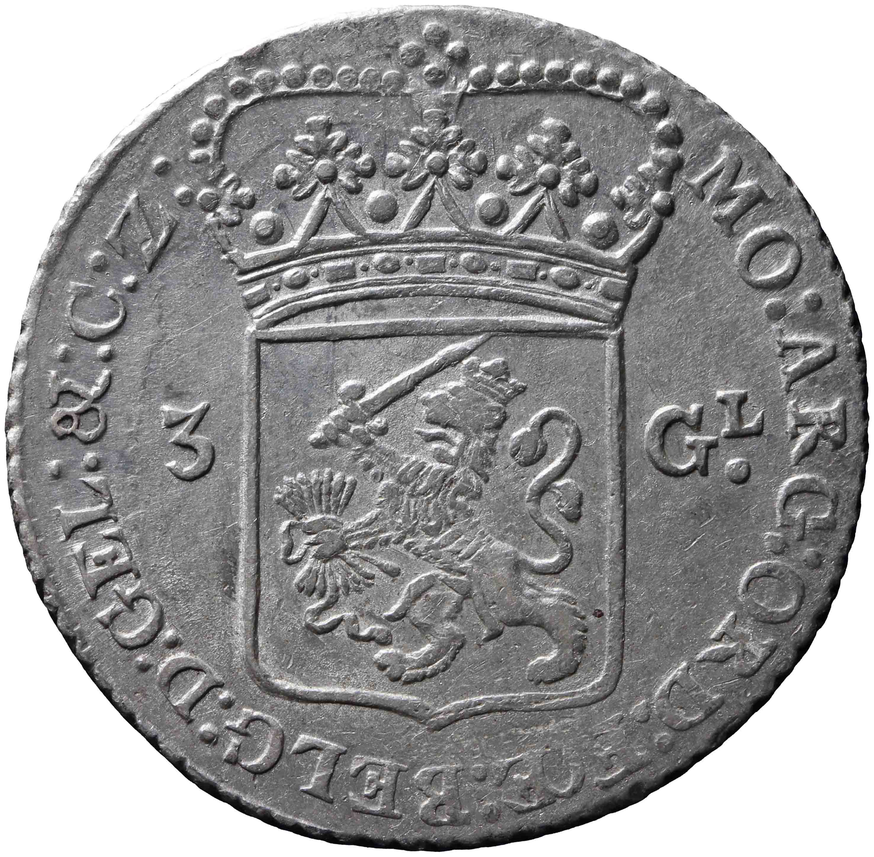 Afbeelding van de keerzijde. zilveren drie gulden. Inventarisnummer:NM-08597