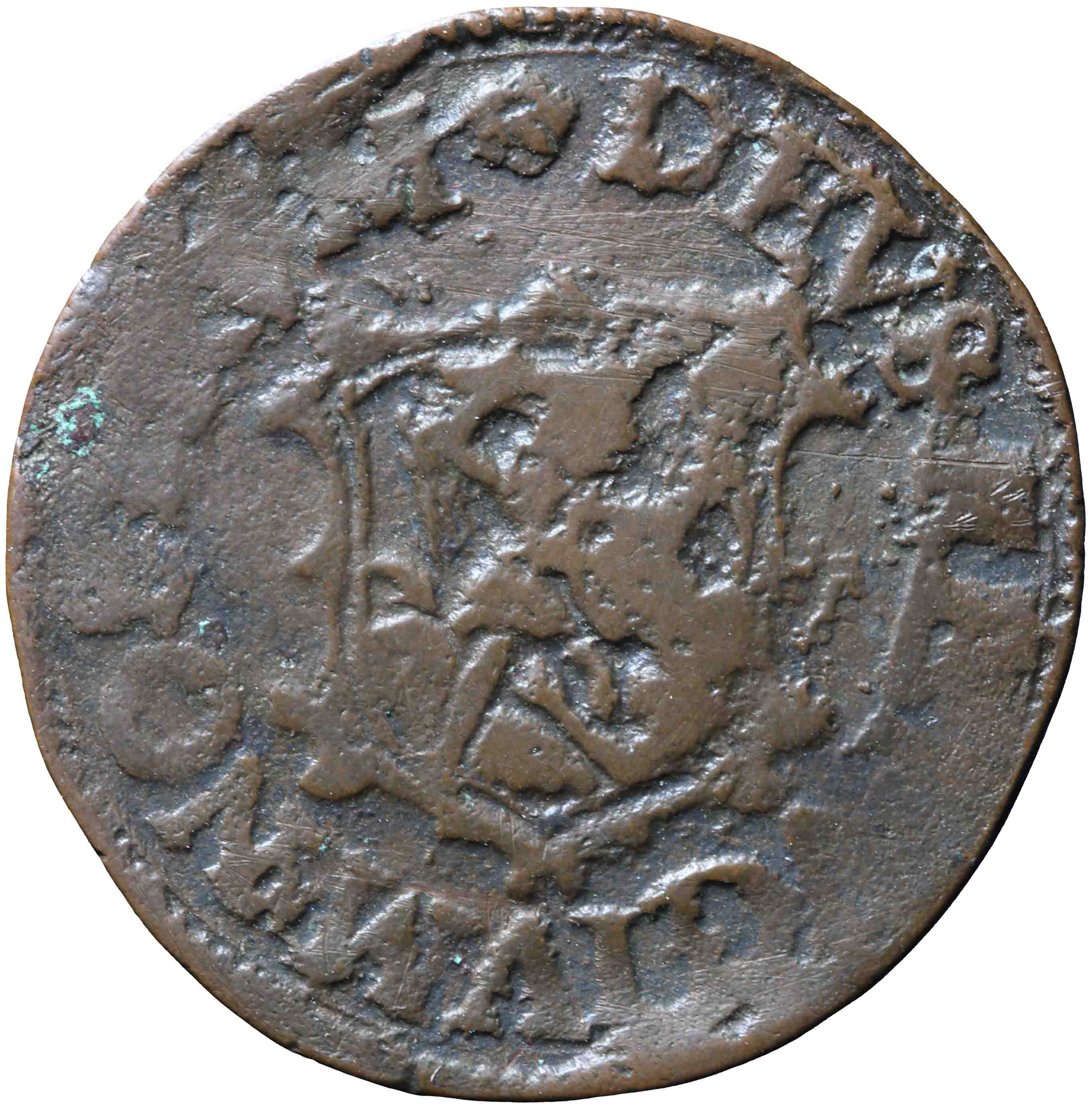 Afbeelding van de voorzijde. duit. Inventarisnummer:NM-16691