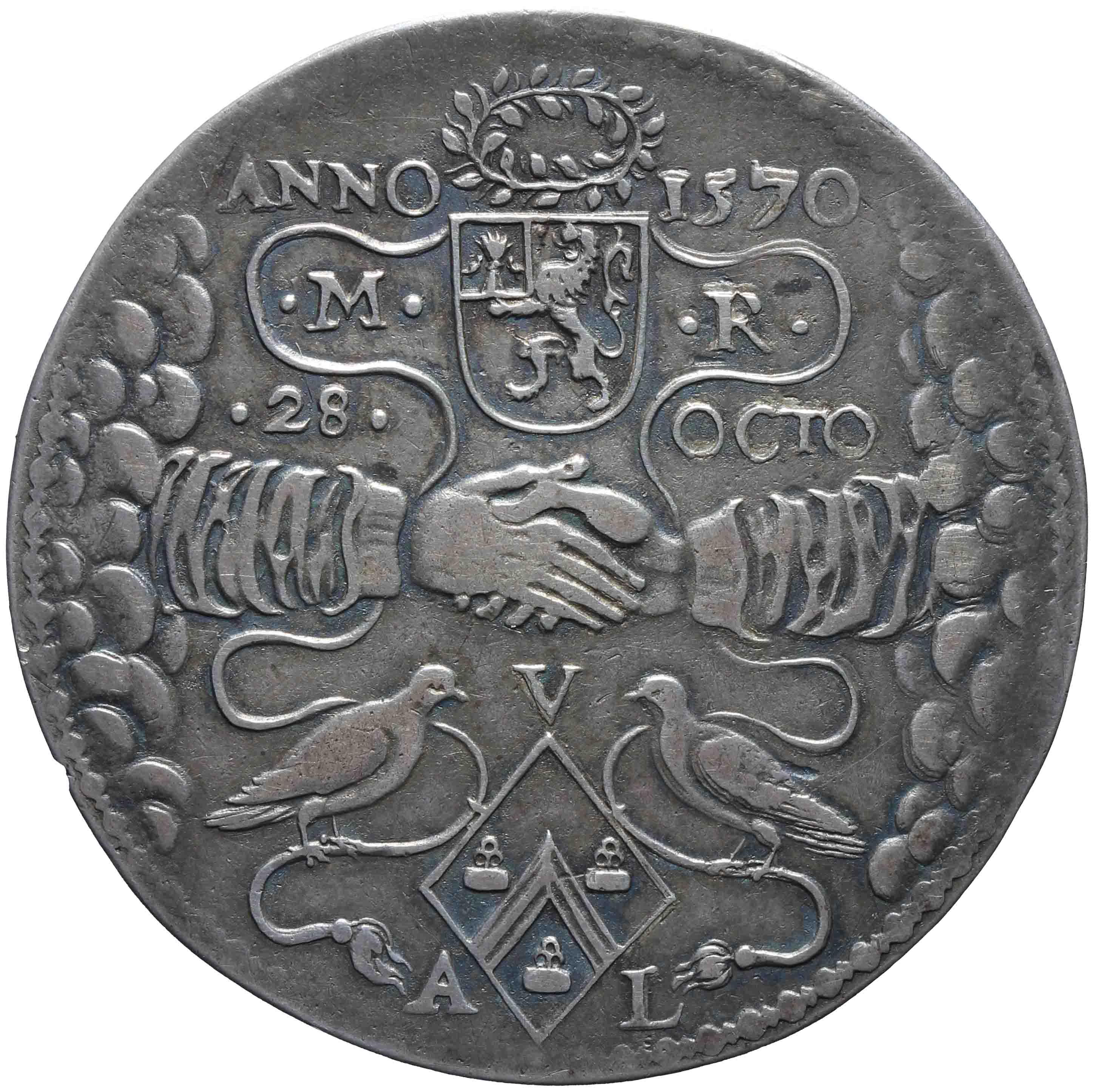 Afbeelding van de voorzijde. Vijftigjarig huwelijk Maarten Ruychaver en Aleyd van der Laen. Inventarisnummer:PE-01024