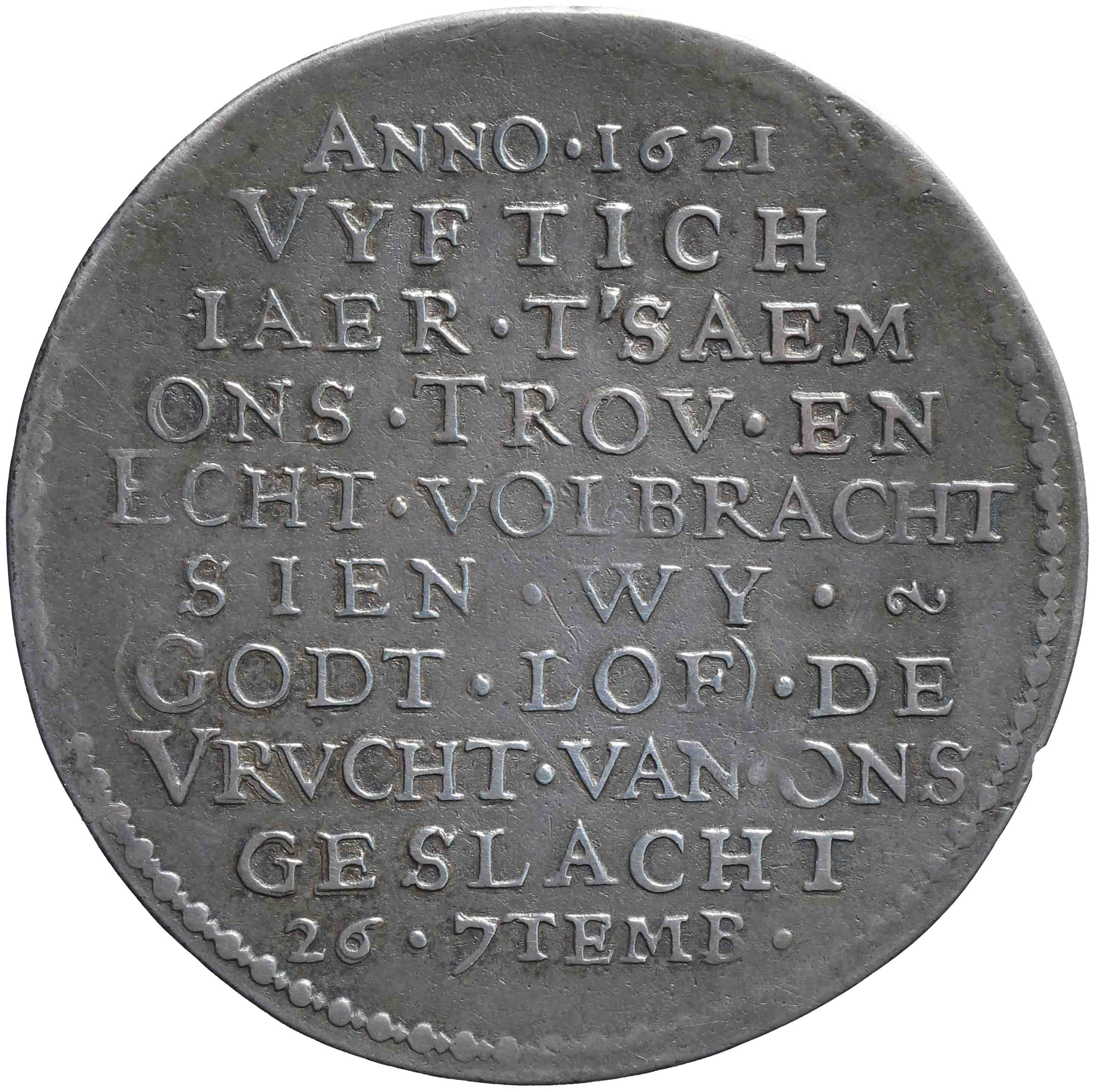 Afbeelding van de keerzijde. Vijftigjarig huwelijk Maarten Ruychaver en Aleyd van der Laen. Inventarisnummer:PE-01024