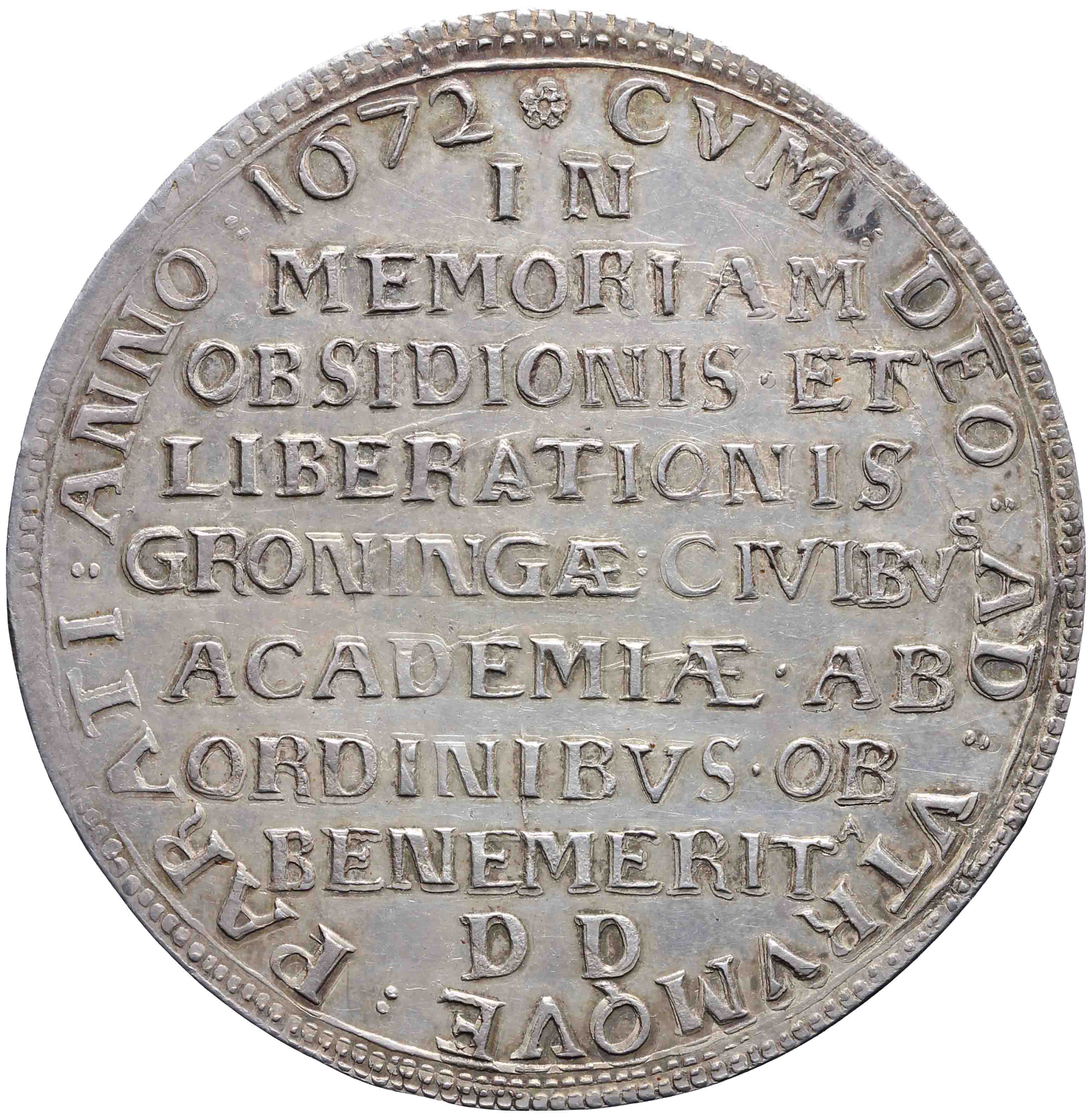 Afbeelding van de keerzijde. Ontzet van de stad Groningen: vereerd aan de studenten der hoogeschool. Inventarisnummer:PE-02007