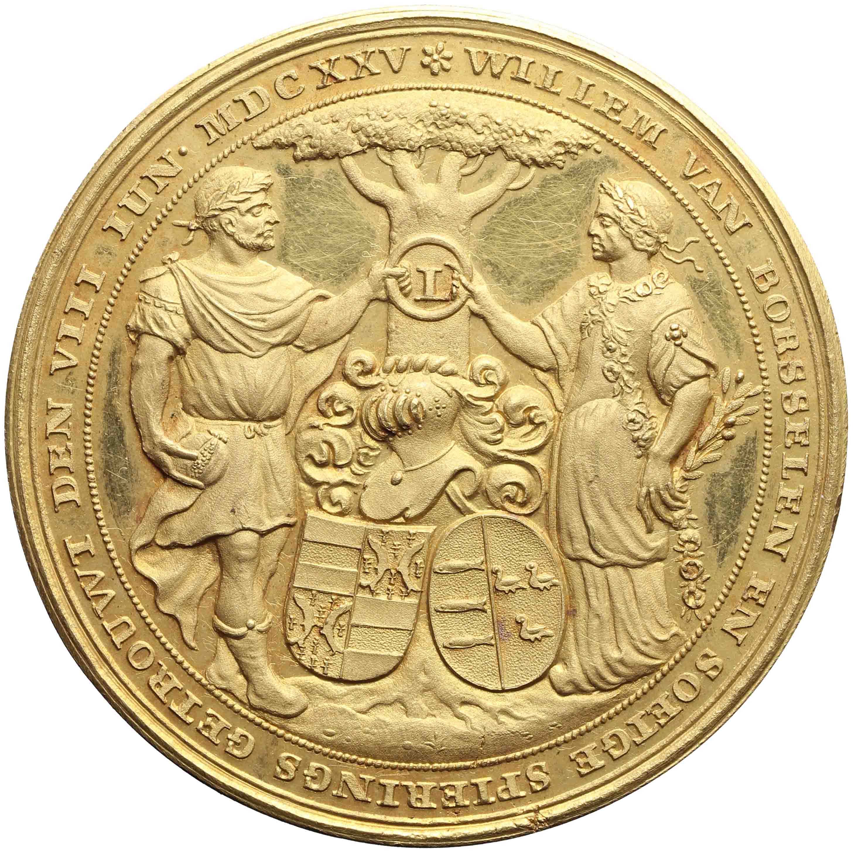 Afbeelding van de voorzijde. Vijftigjarig huwelijk Willem van Borsselen en Soetge Spierings. Inventarisnummer:PE-02143
