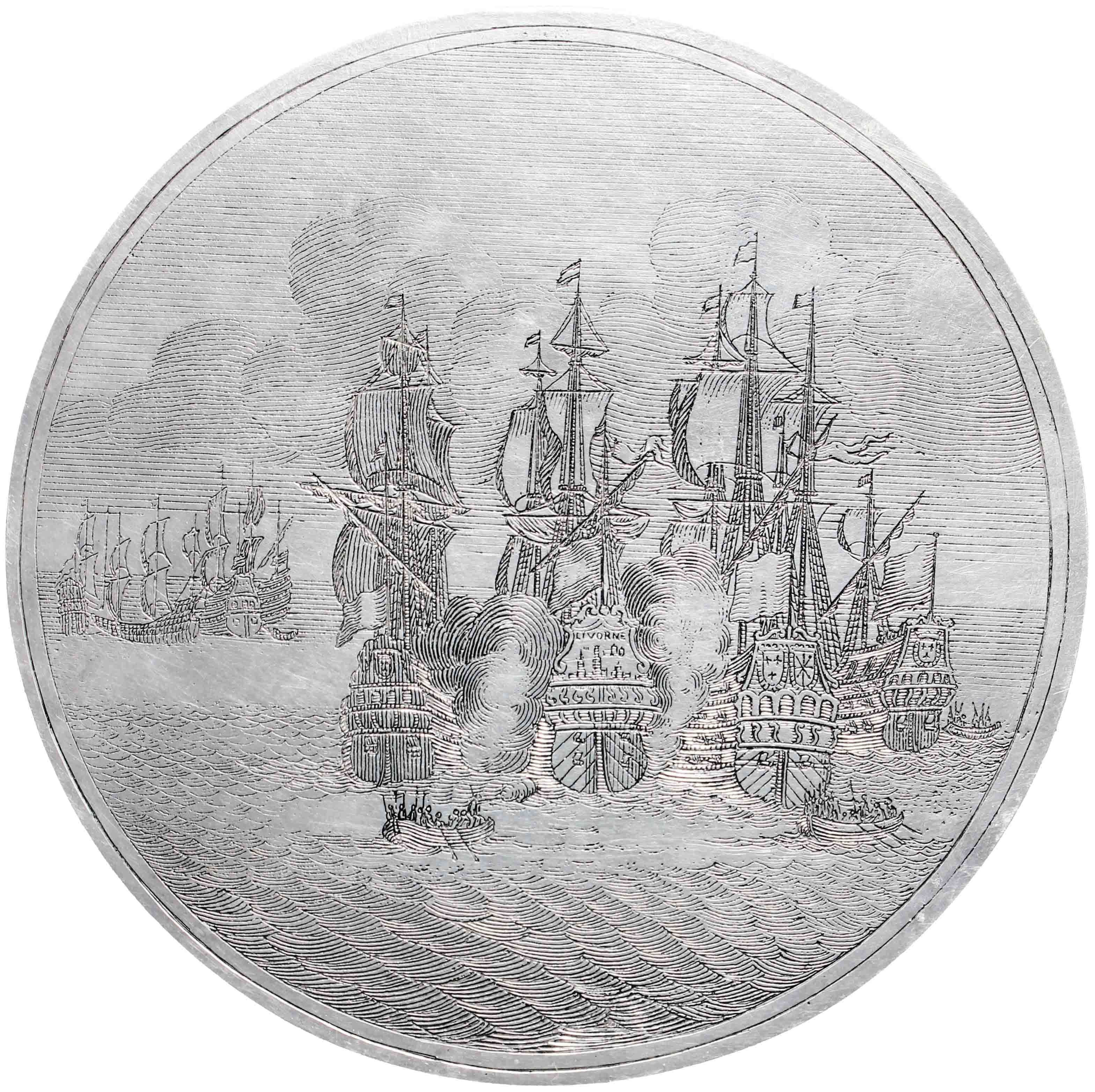 Afbeelding van de voorzijde. De reders van het schip 'Livorno' [in goud] aan kapitein Pieter Goutschalck wegens betoonde moed en getrouwheid. Inventarisnummer:PE-02210