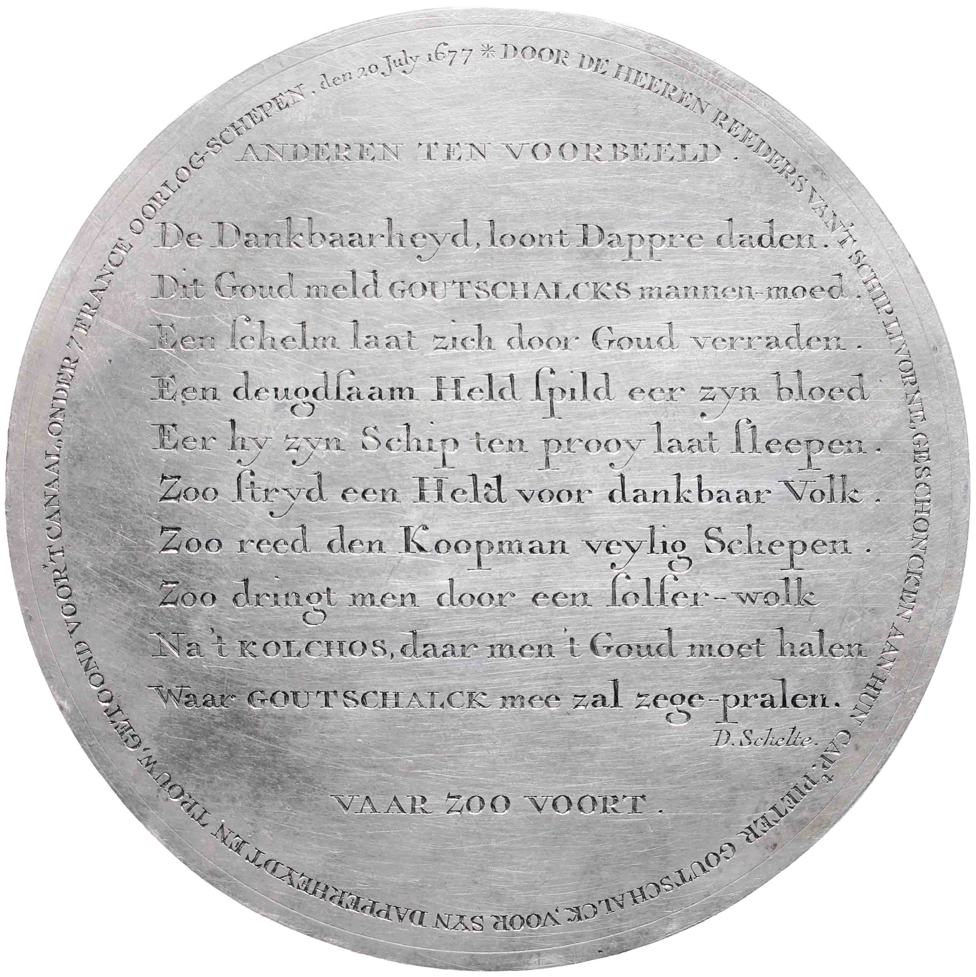 Afbeelding van de keerzijde. De reders van het schip 'Livorno' [in goud] aan kapitein Pieter Goutschalck wegens betoonde moed en getrouwheid. Inventarisnummer:PE-02210