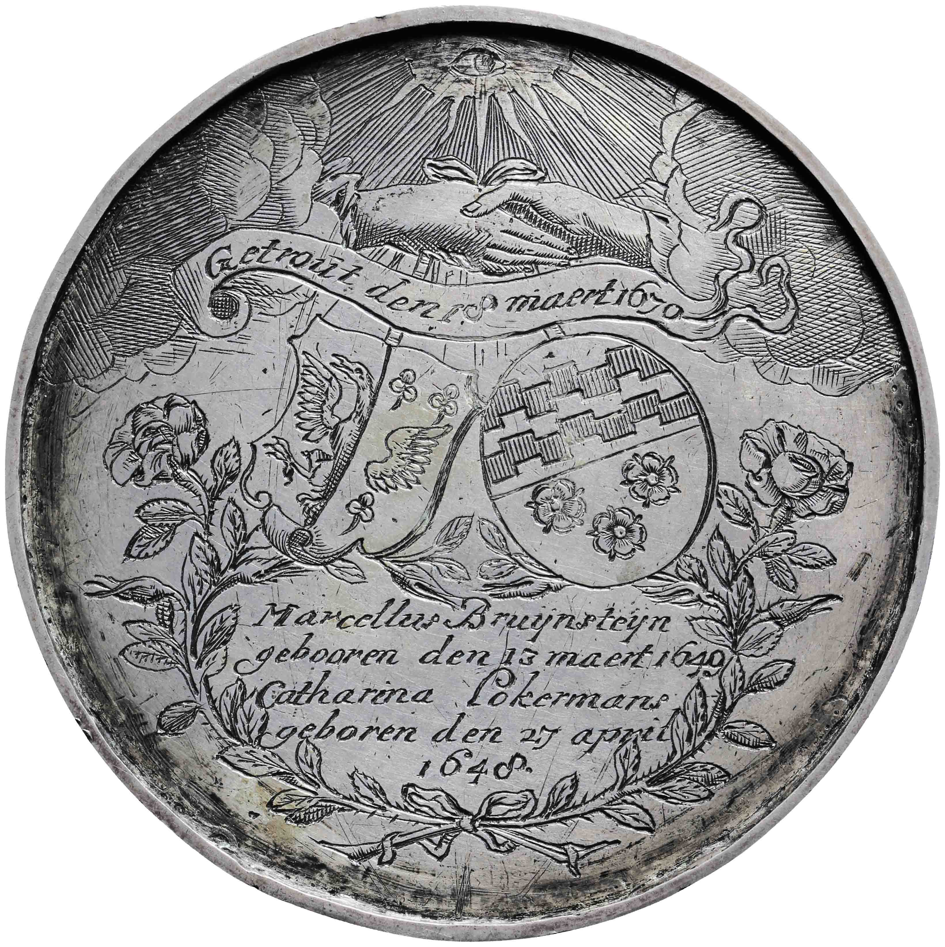 Image of the reverse. Vijfentwintigjarig huwelijk Marcellus Bruynstein en Catharina Lokermans [ Loockemans ]. Inventory number:PE-03150
