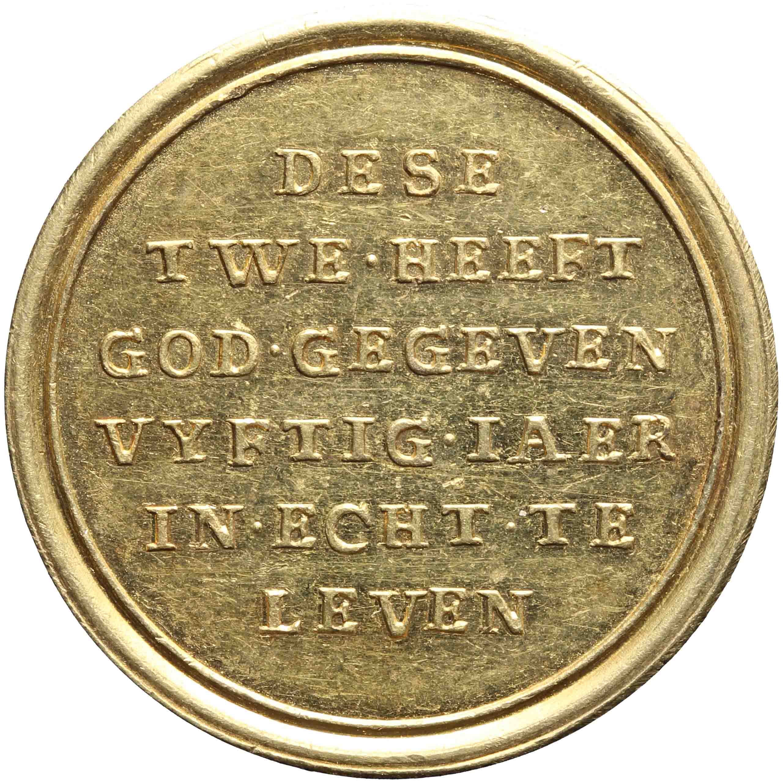 Image of the reverse. Vijftigjarig huwelijk Wigbolt Slicher en Elisabet Spigel. Inventory number:PE-03434