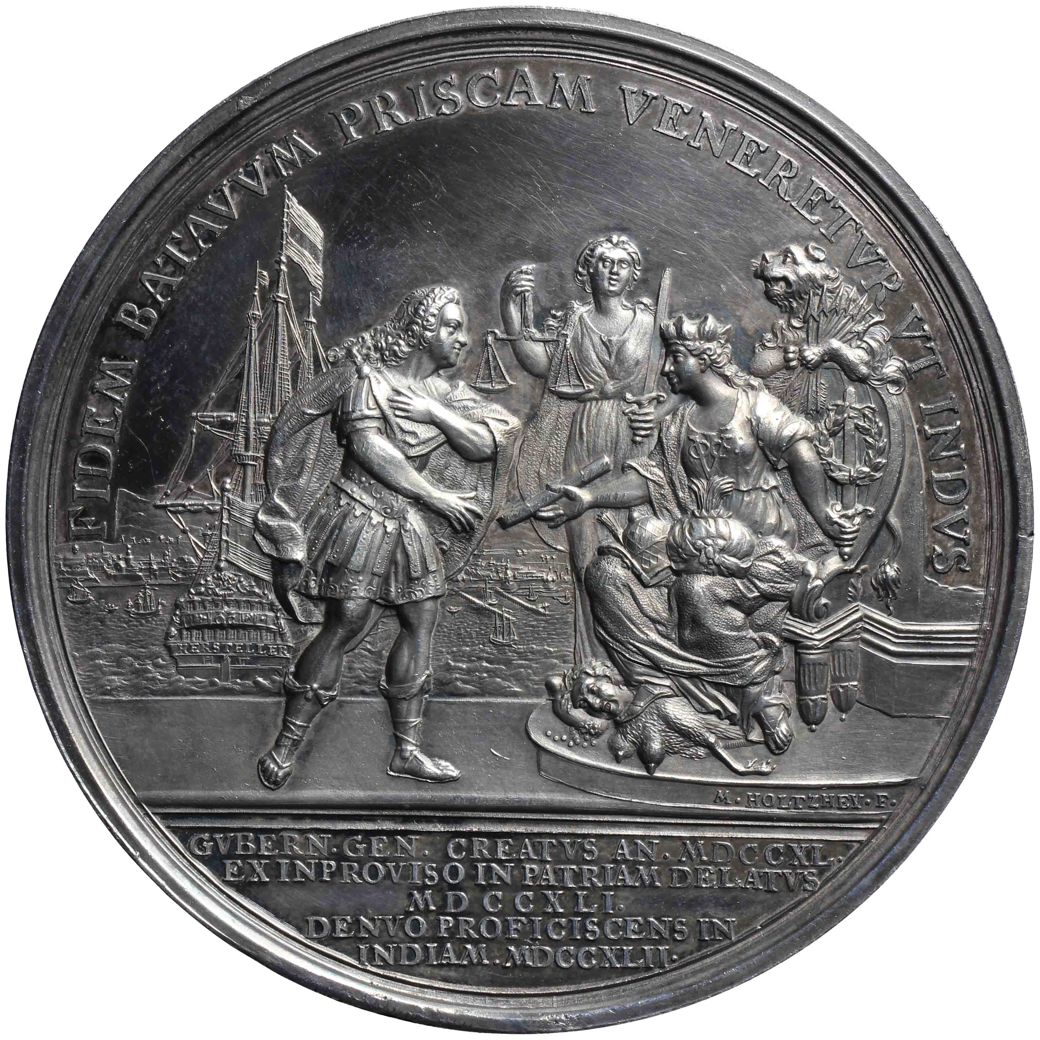 Afbeelding van de keerzijde. Baron van Imhoff benoemd tot Gouverneur van Ned. Oost-Indië, vertrekt uit Nederland. Inventarisnummer:PE-04855