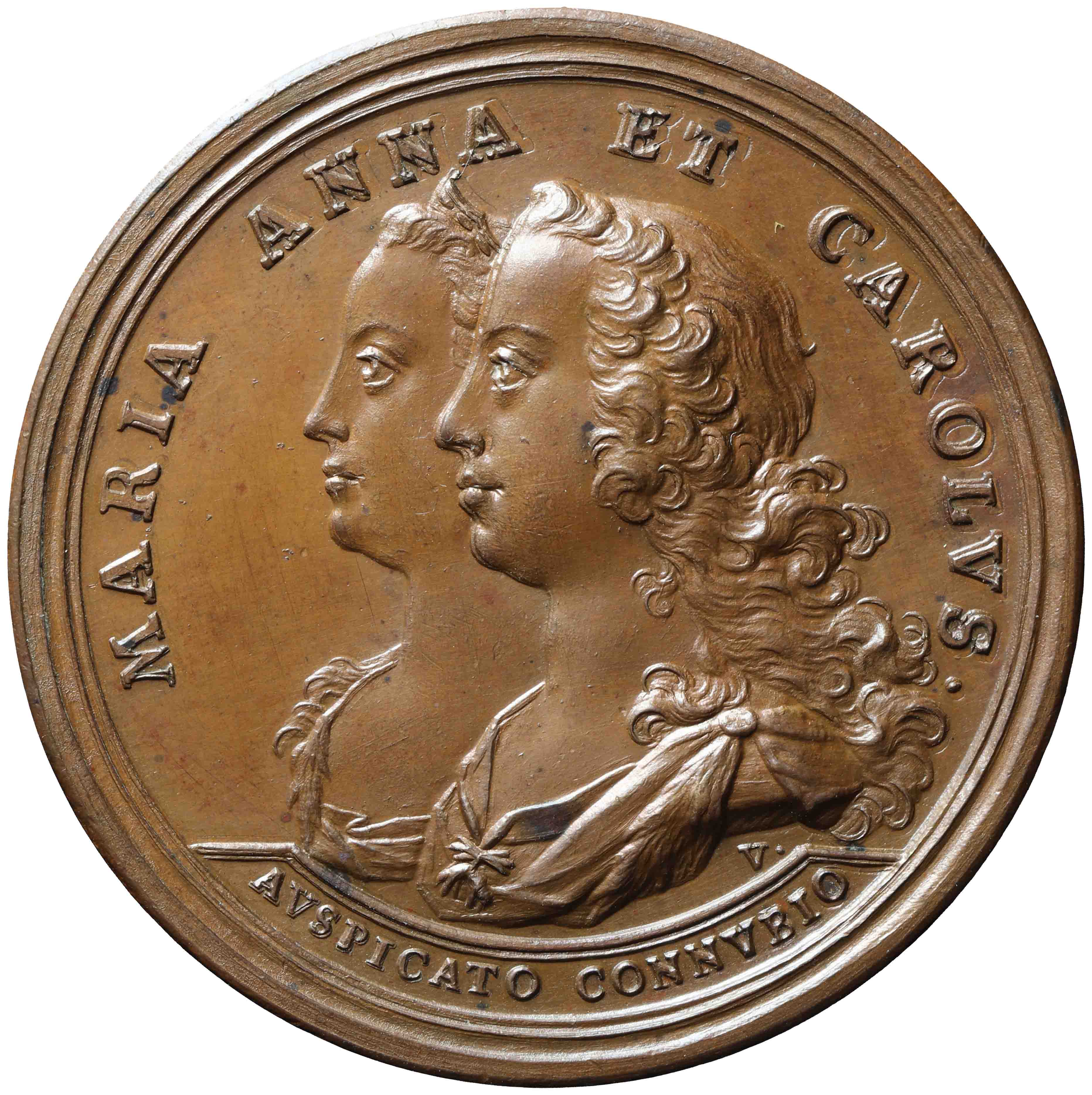 Afbeelding van de voorzijde. Huwelijk van Maria Anna, aartshertogin van Oostenrijk met prins Karel van Lotharingen. Inventarisnummer:PE-04958